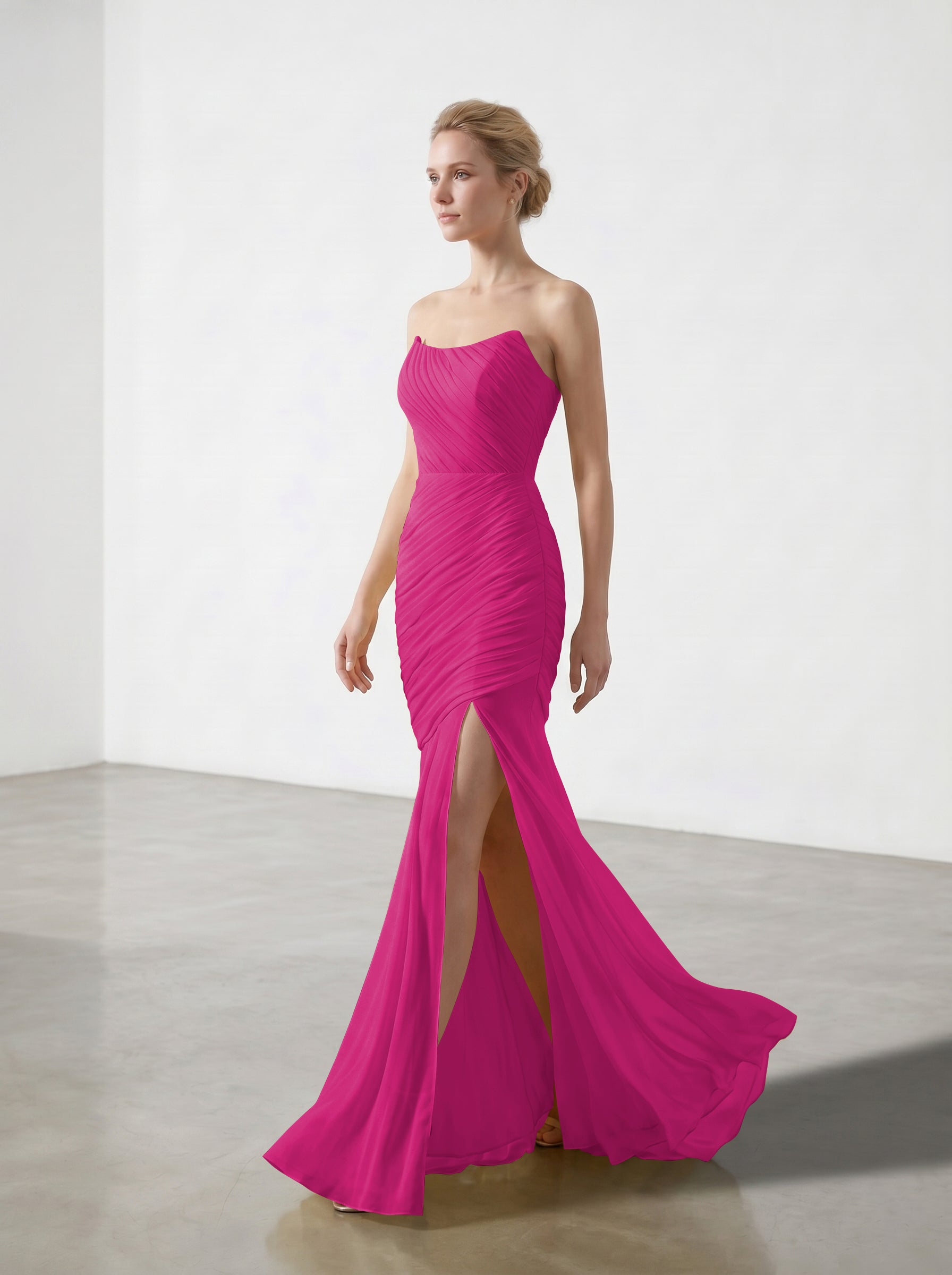 Yellow Strapless Ruched Chiffon Bridesmaid Dress | Slit Mermaid Formal Gown