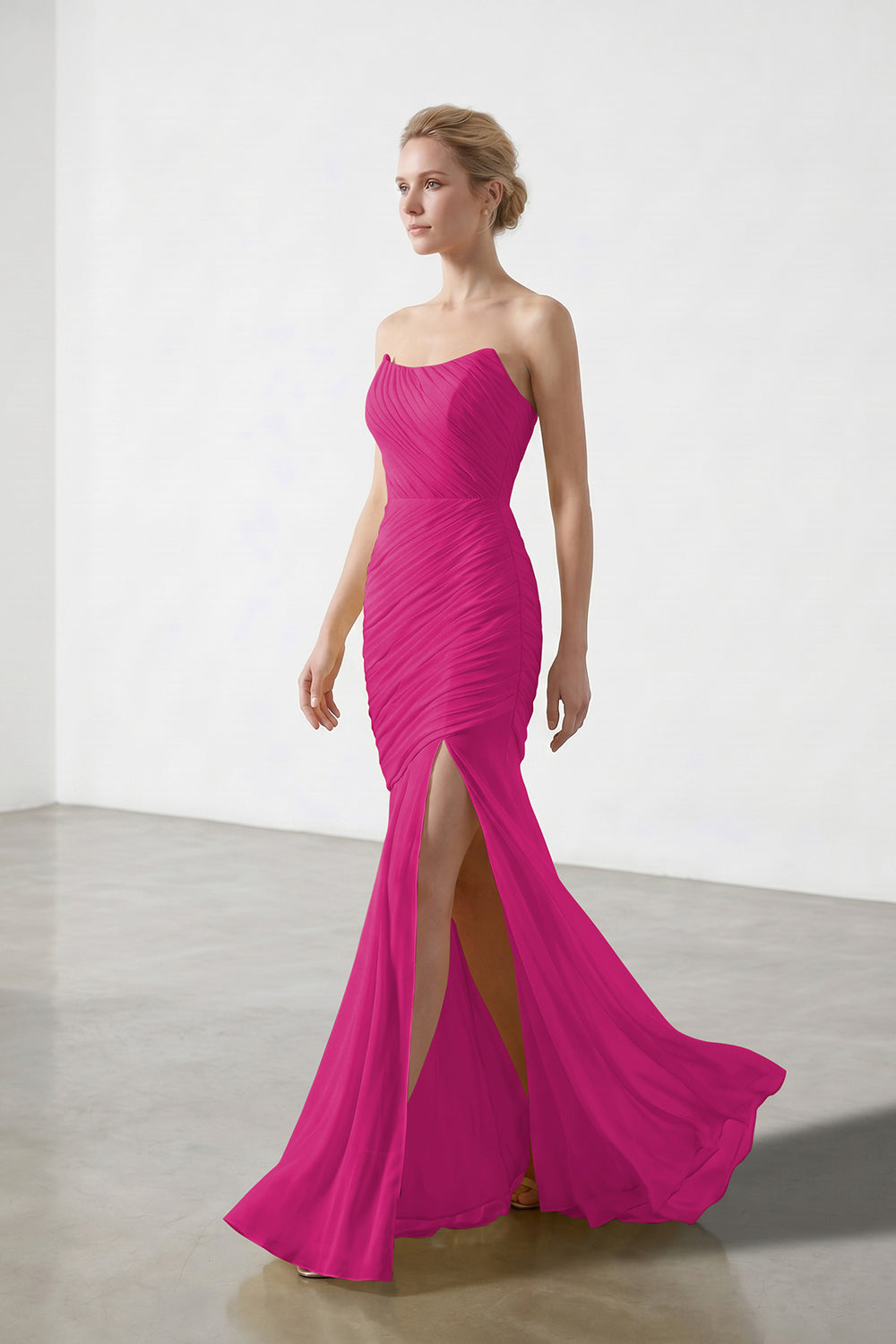 Yellow Strapless Ruched Chiffon Bridesmaid Dress | Slit Mermaid Formal Gown