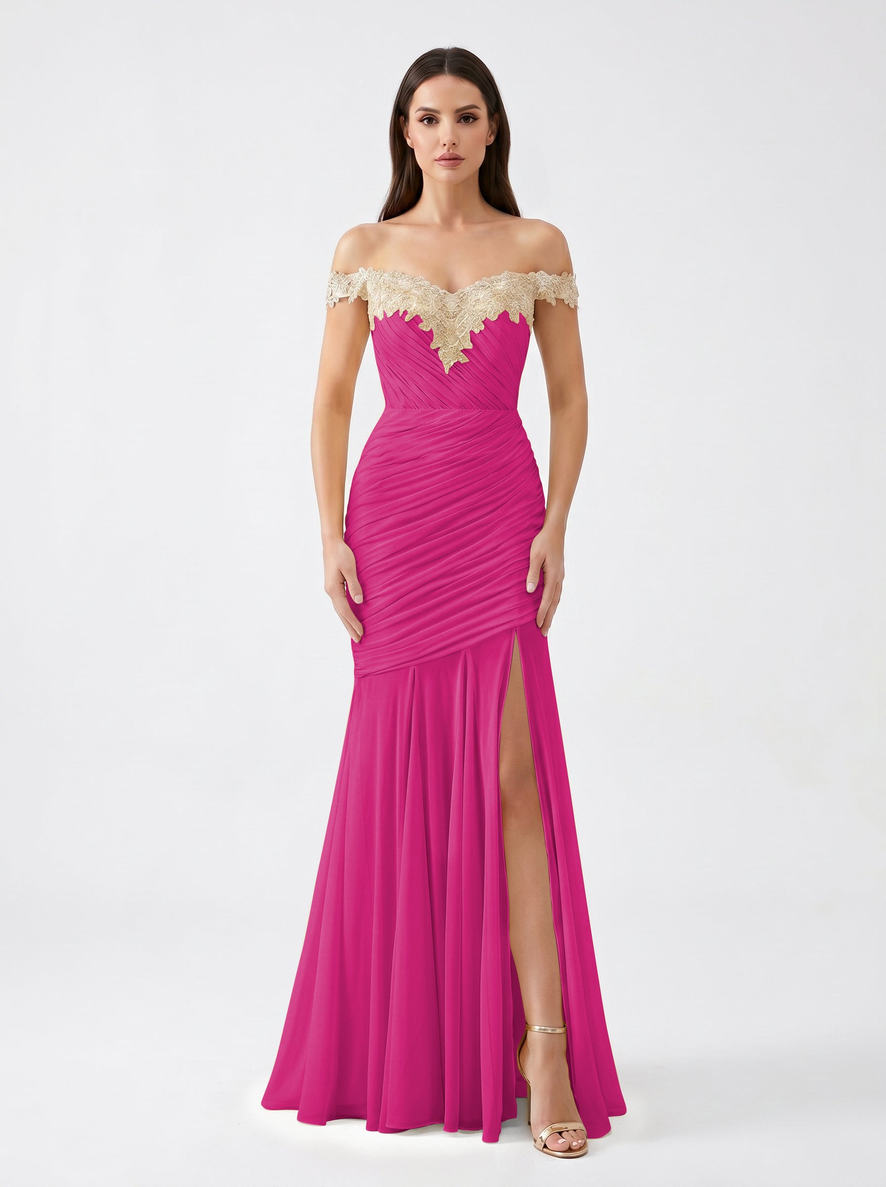 Yellow Off-Shoulder Lace Ruched Chiffon Bridesmaid Dress | Slit Mermaid Formal Gown