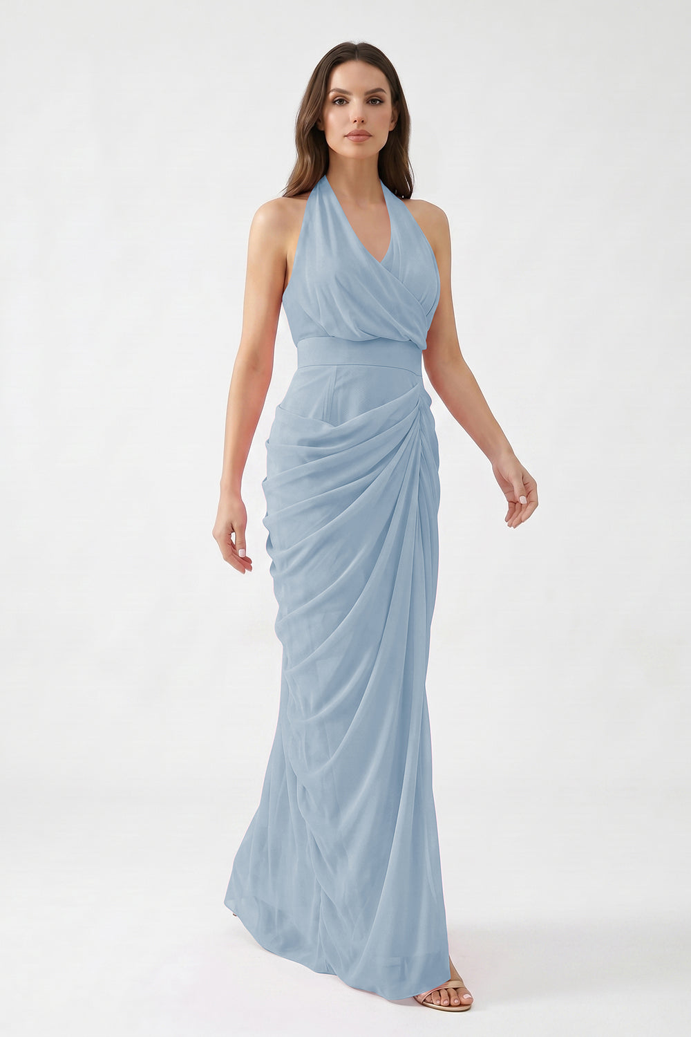 Pink Halter Neck Draped Chiffon Bridesmaid Dress | Formal Evening Gown
