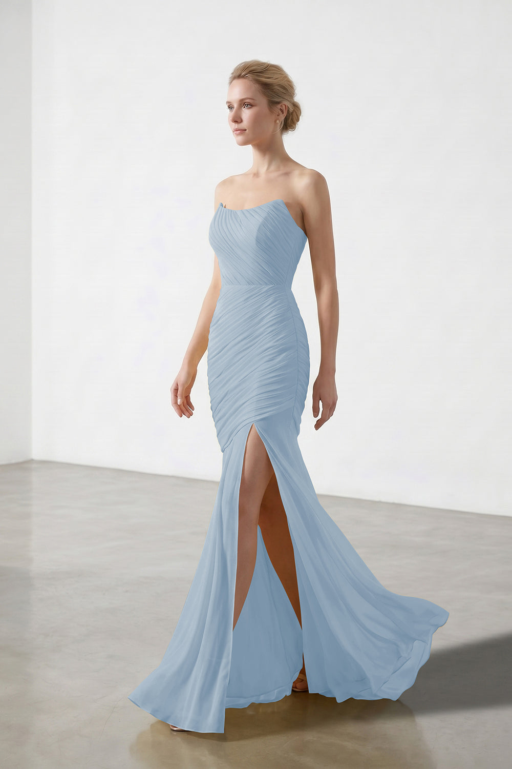 Yellow Strapless Ruched Chiffon Bridesmaid Dress | Slit Mermaid Formal Gown