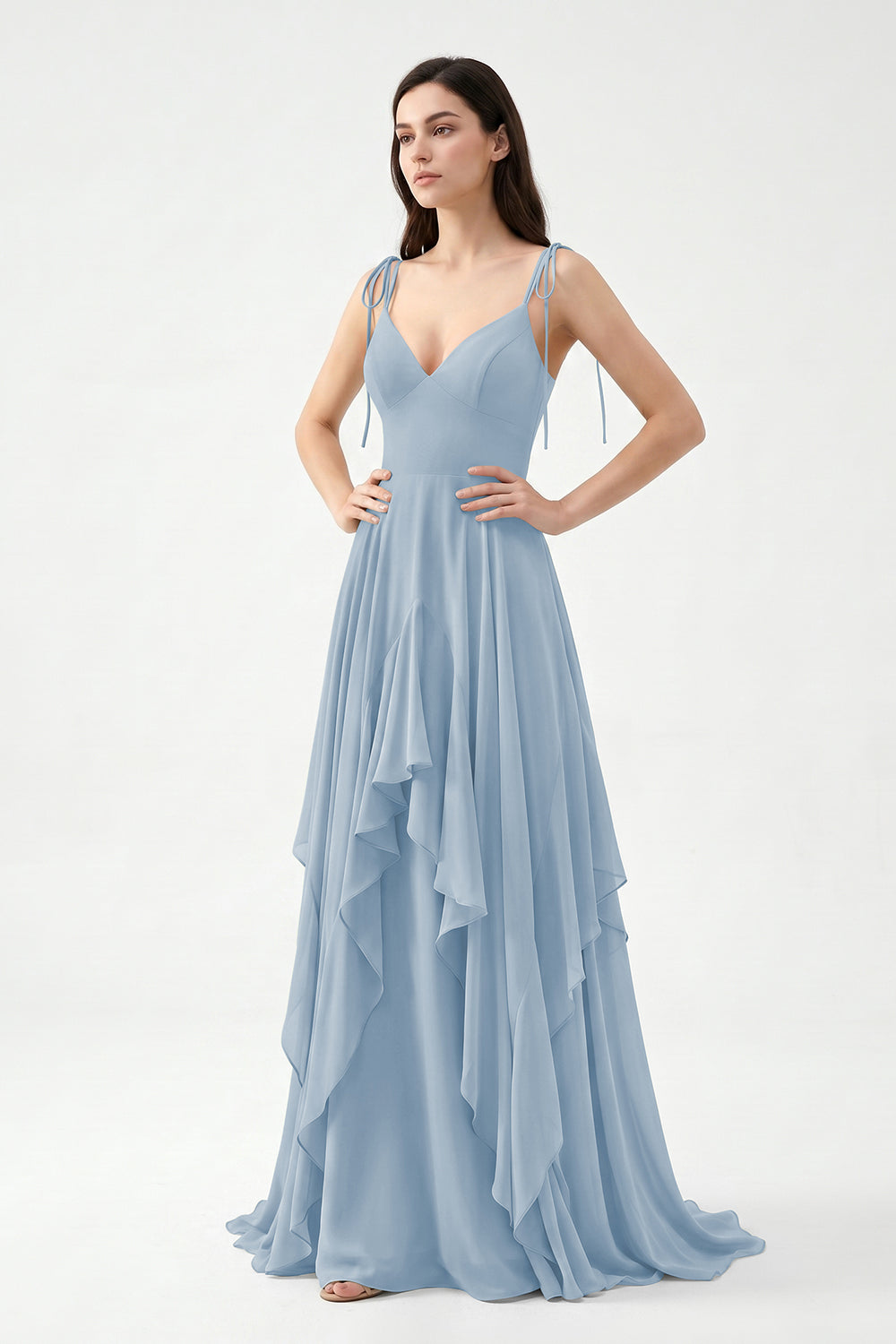 Sage Green Tie-Strap Ruffle Chiffon Bridesmaid Dress | Flowy Formal Gown