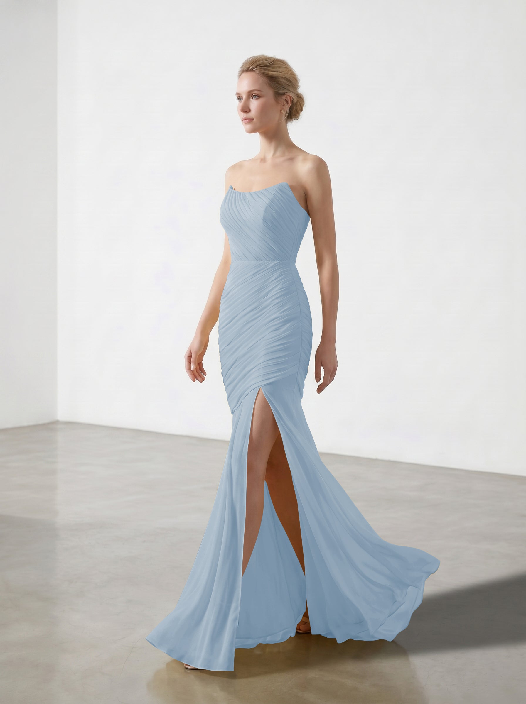 Yellow Strapless Ruched Chiffon Bridesmaid Dress | Slit Mermaid Formal Gown