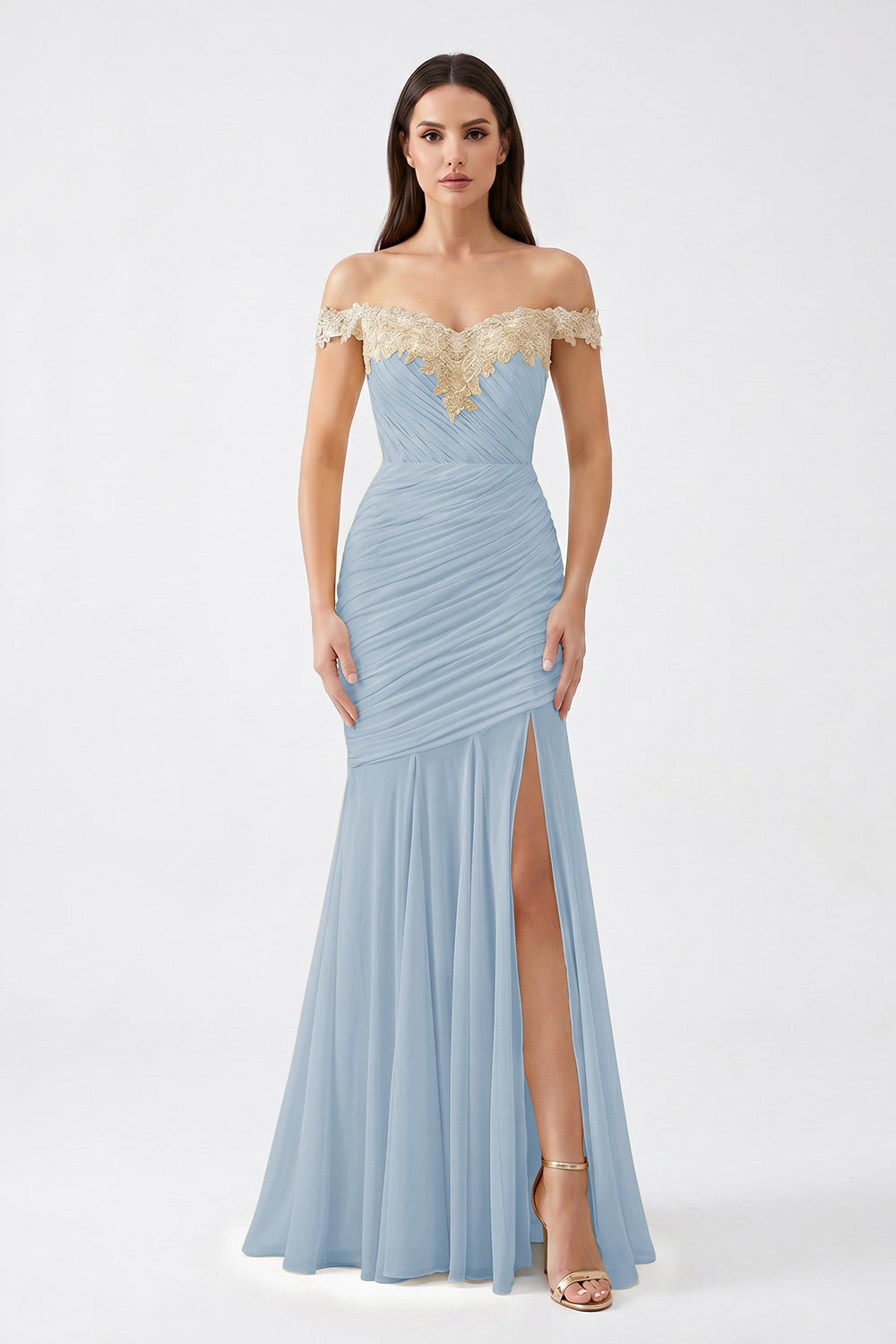 Yellow Off-Shoulder Lace Ruched Chiffon Bridesmaid Dress | Slit Mermaid Formal Gown