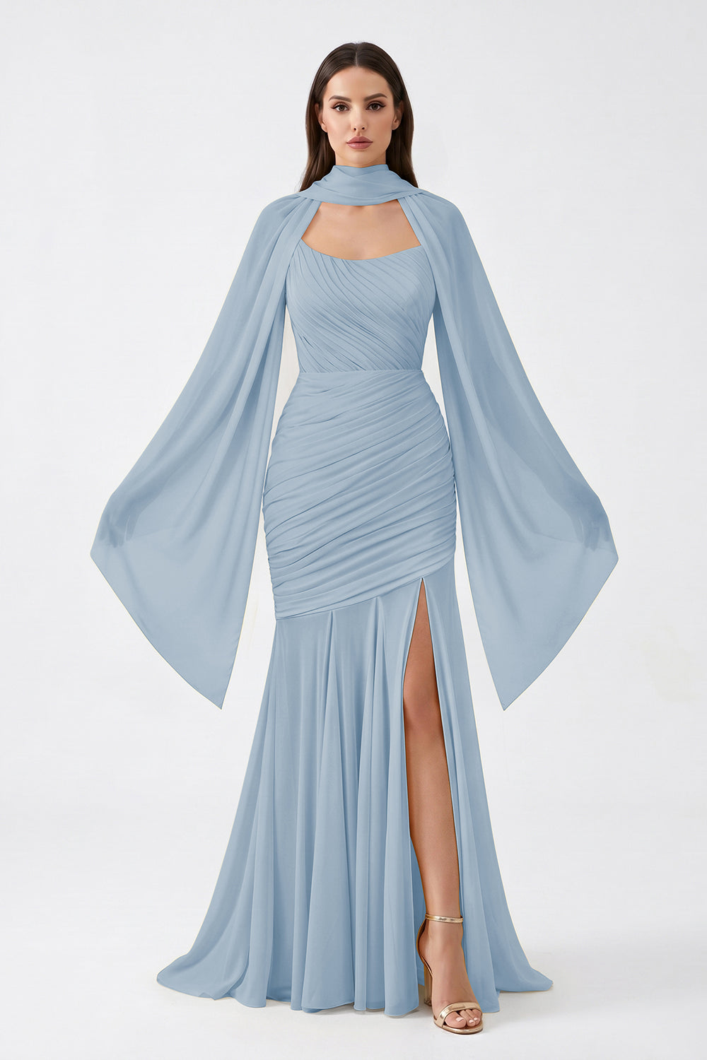 Yellow Cape Sleeve Ruched Chiffon Bridesmaid Dress | Slit Mermaid Formal Gown