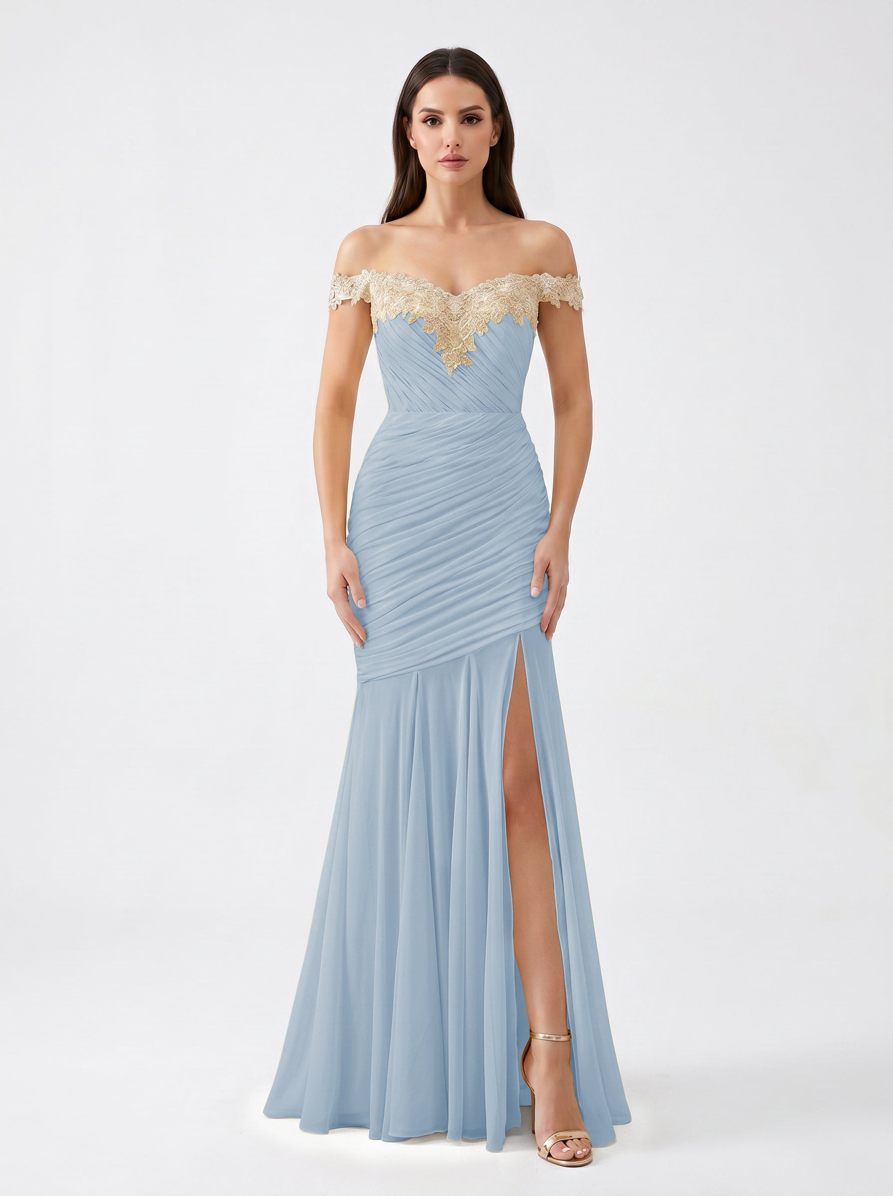 Yellow Off-Shoulder Lace Ruched Chiffon Bridesmaid Dress | Slit Mermaid Formal Gown