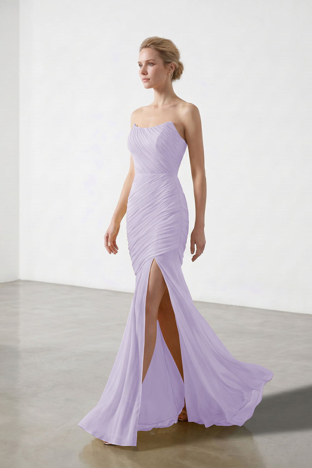 Yellow Strapless Ruched Chiffon Bridesmaid Dress | Slit Mermaid Formal Gown