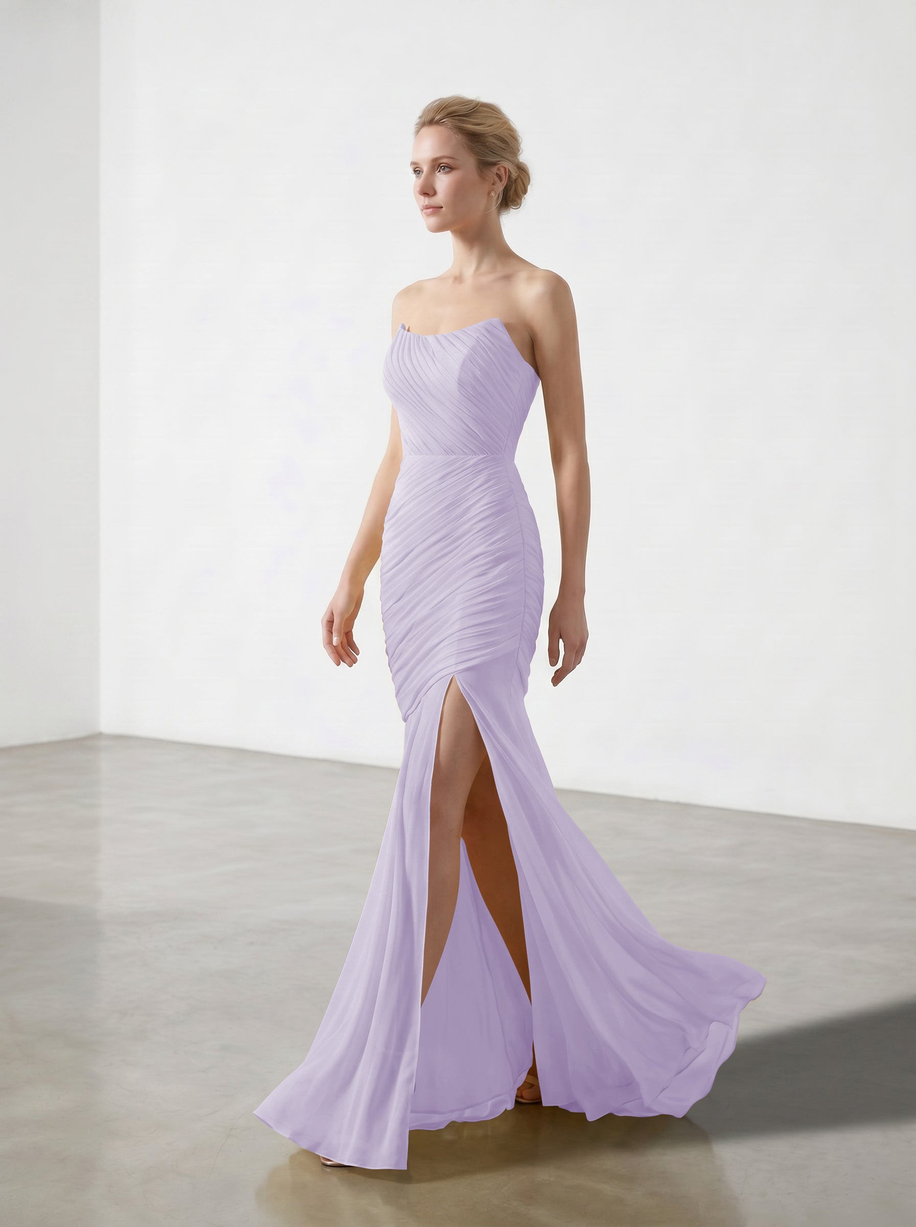 Yellow Strapless Ruched Chiffon Bridesmaid Dress | Slit Mermaid Formal Gown