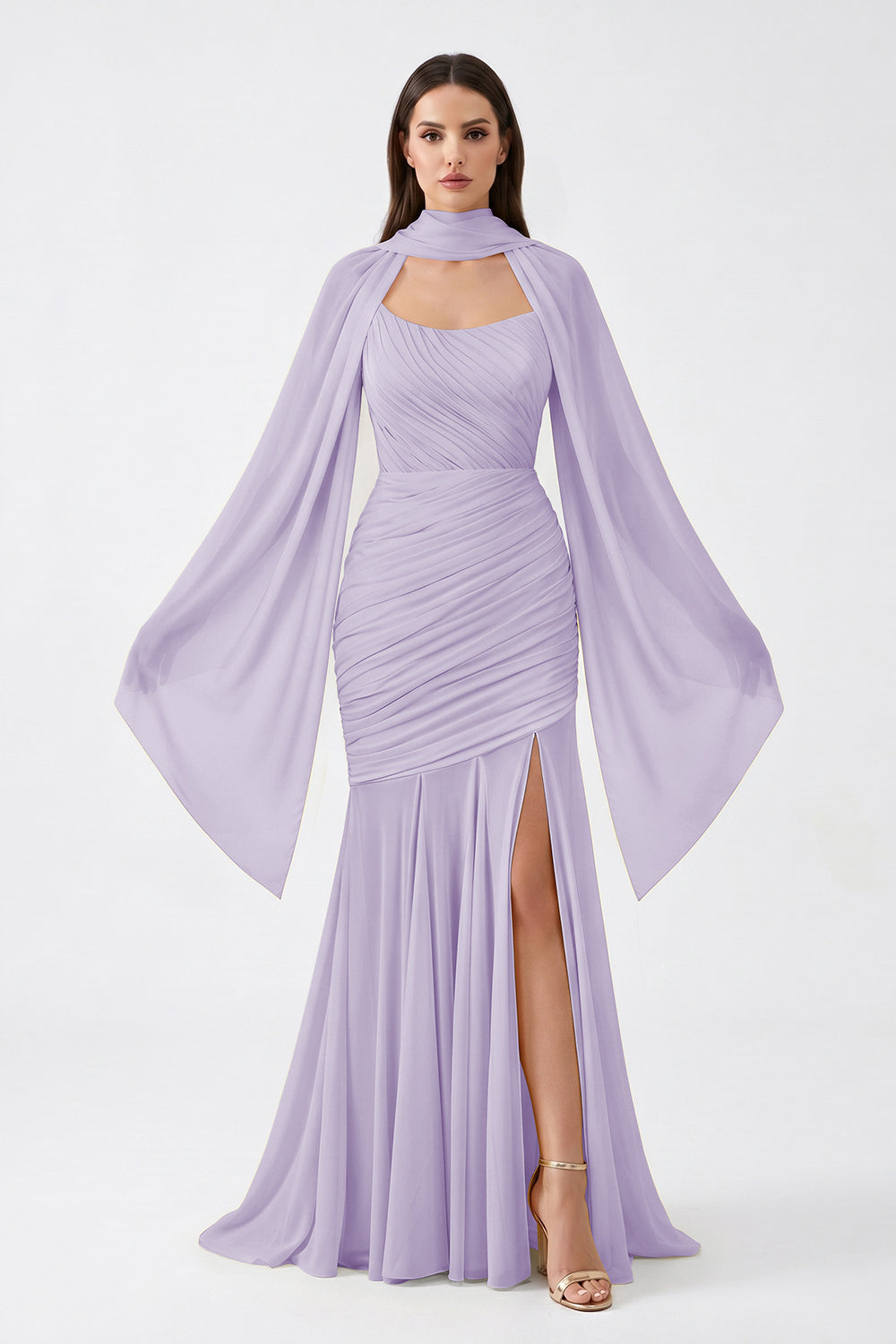 Yellow Cape Sleeve Ruched Chiffon Bridesmaid Dress | Slit Mermaid Formal Gown
