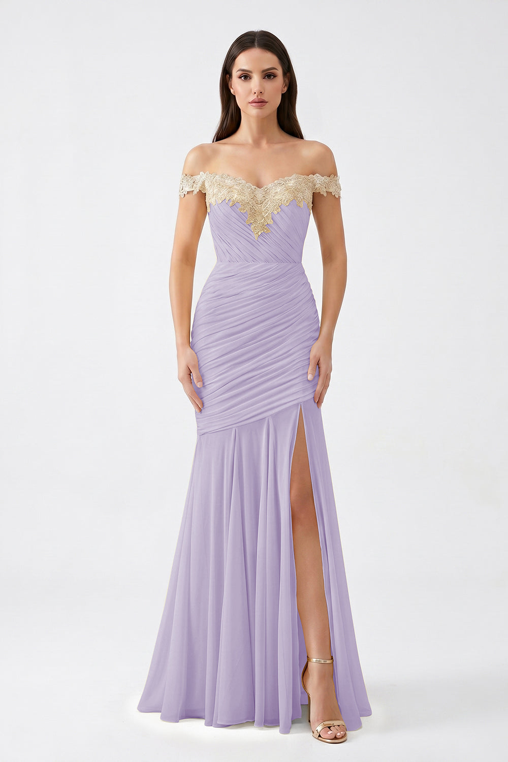 Yellow Off-Shoulder Lace Ruched Chiffon Bridesmaid Dress | Slit Mermaid Formal Gown