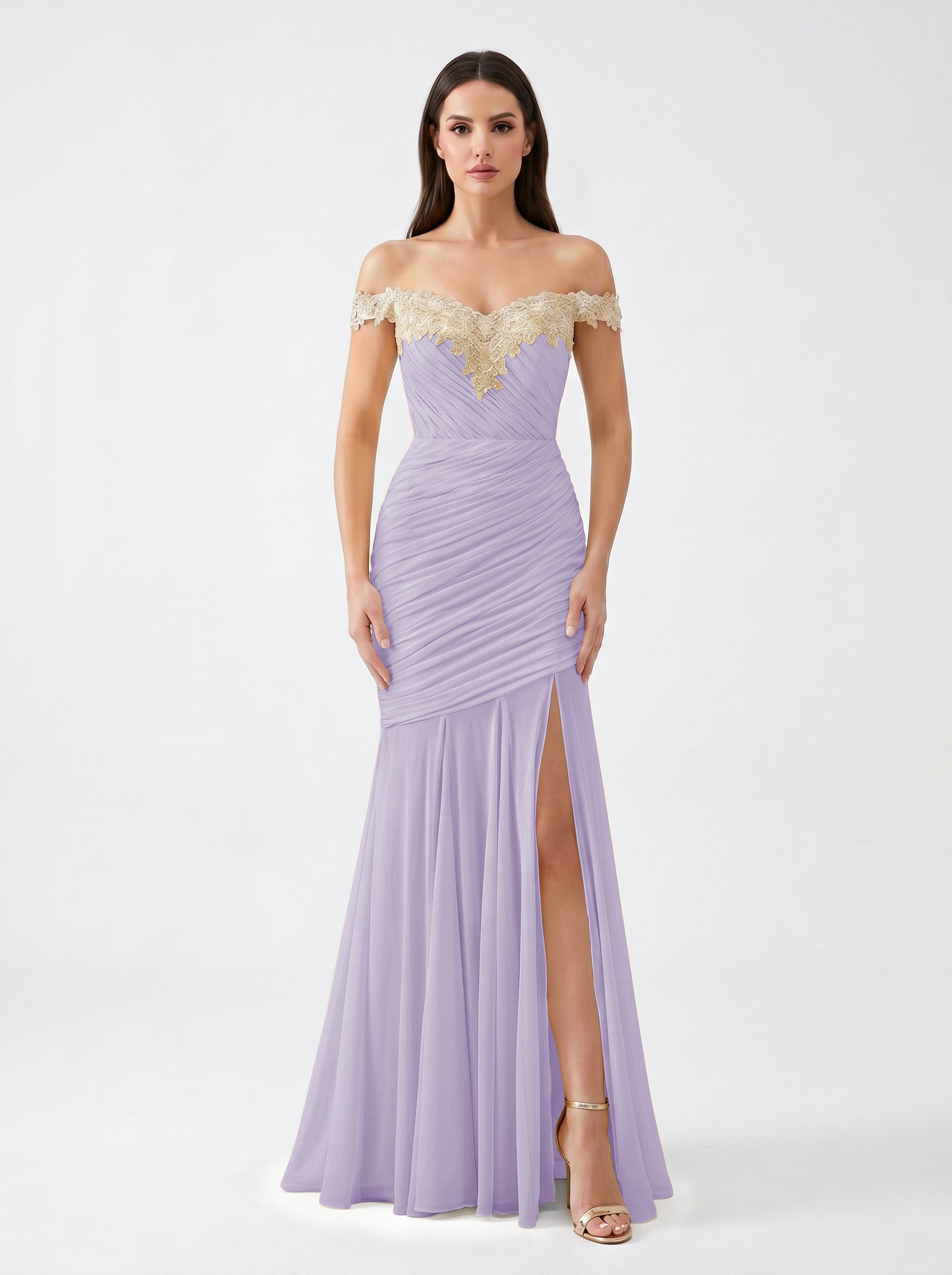 Yellow Off-Shoulder Lace Ruched Chiffon Bridesmaid Dress | Slit Mermaid Formal Gown