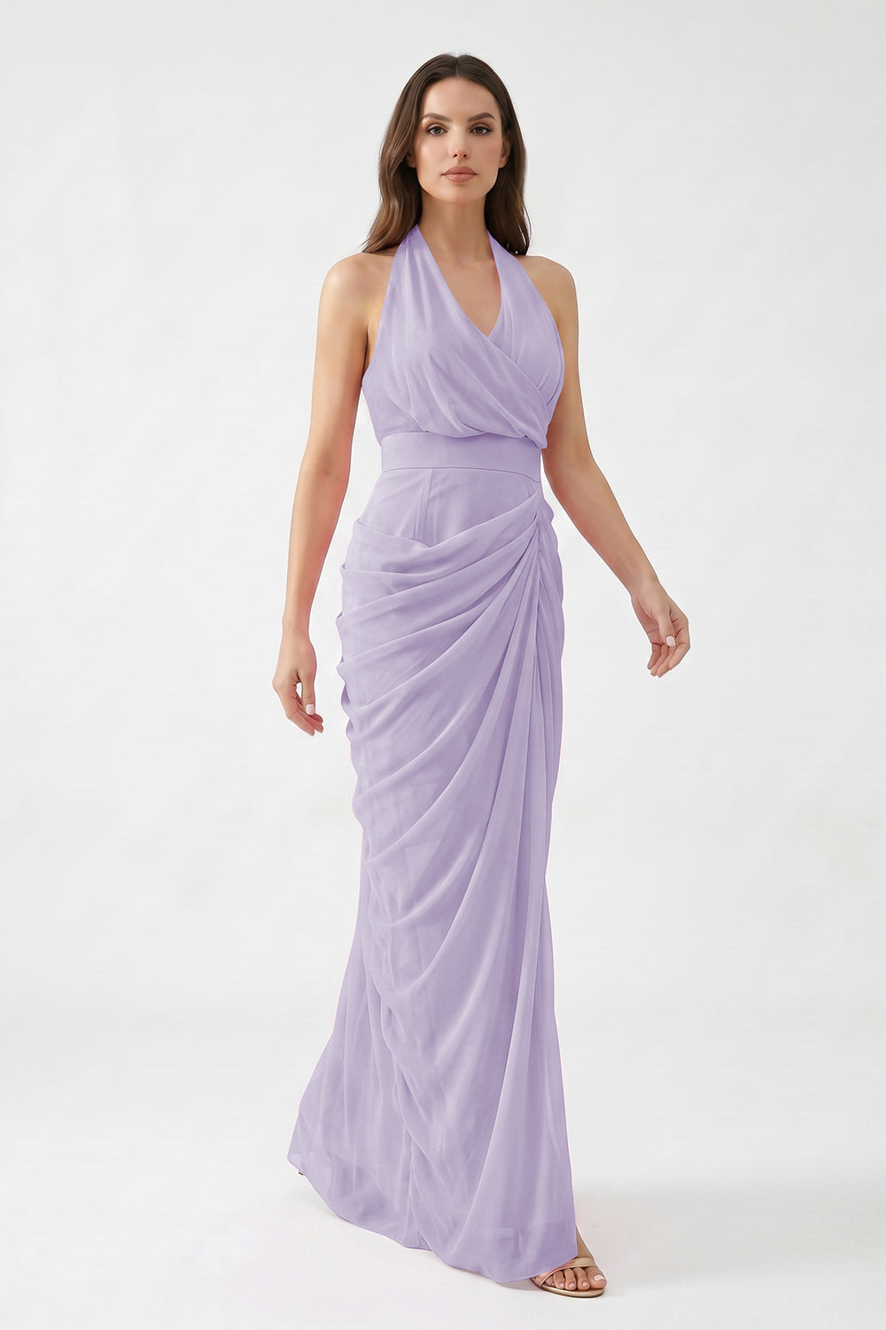Pink Halter Neck Draped Chiffon Bridesmaid Dress | Formal Evening Gown