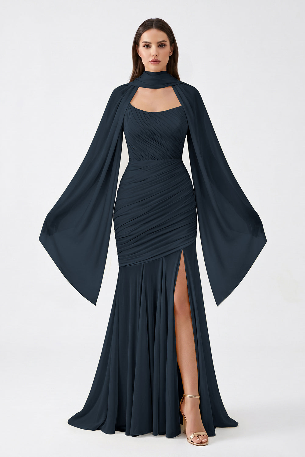 Yellow Cape Sleeve Ruched Chiffon Bridesmaid Dress | Slit Mermaid Formal Gown