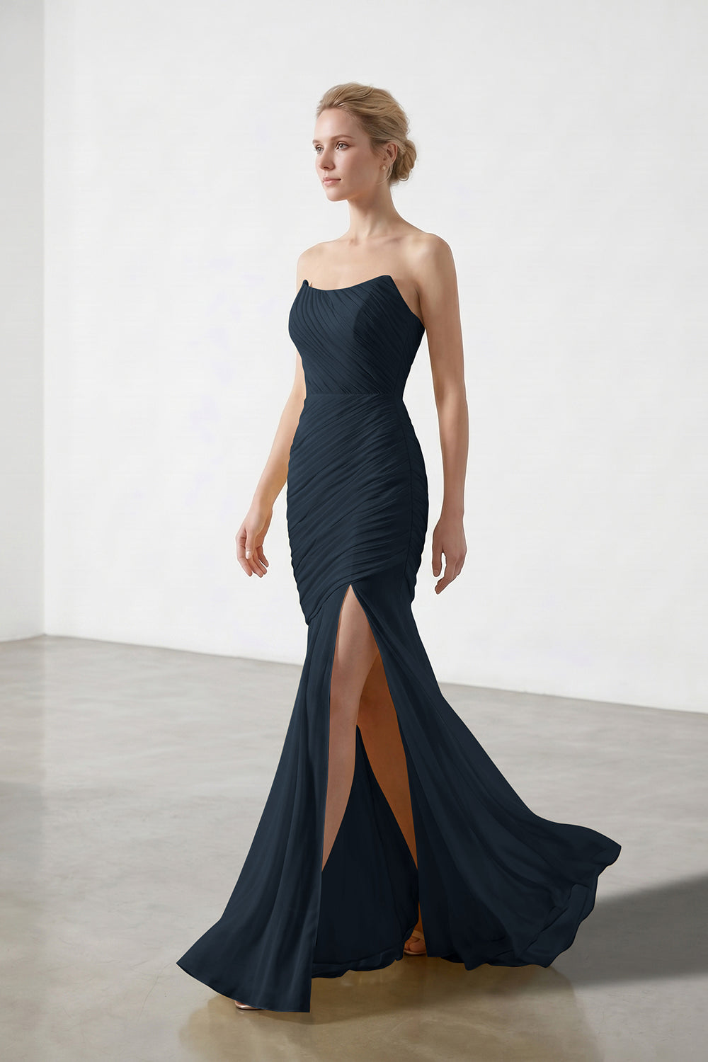Yellow Strapless Ruched Chiffon Bridesmaid Dress | Slit Mermaid Formal Gown