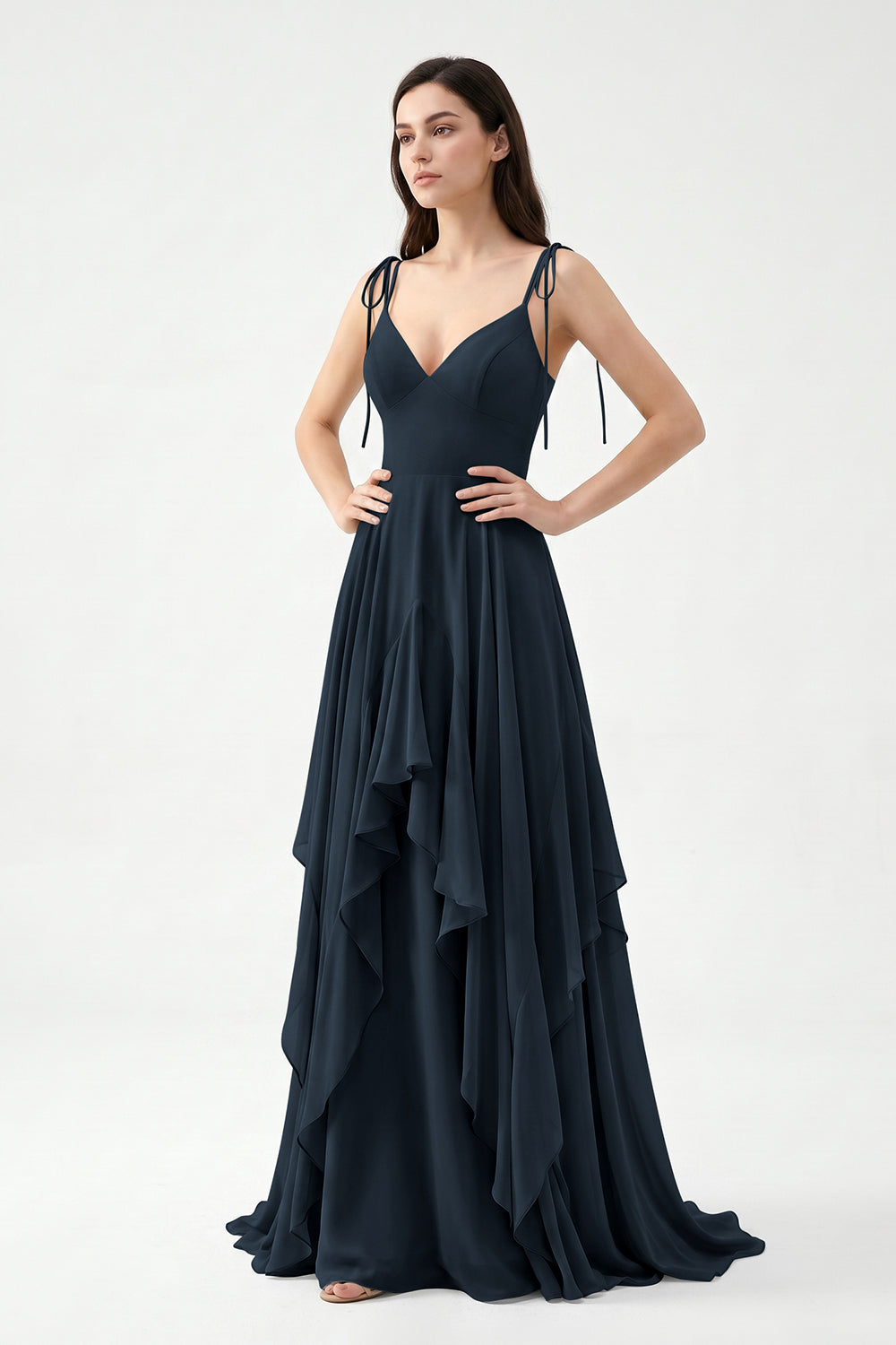 Sage Green Tie-Strap Ruffle Chiffon Bridesmaid Dress | Flowy Formal Gown