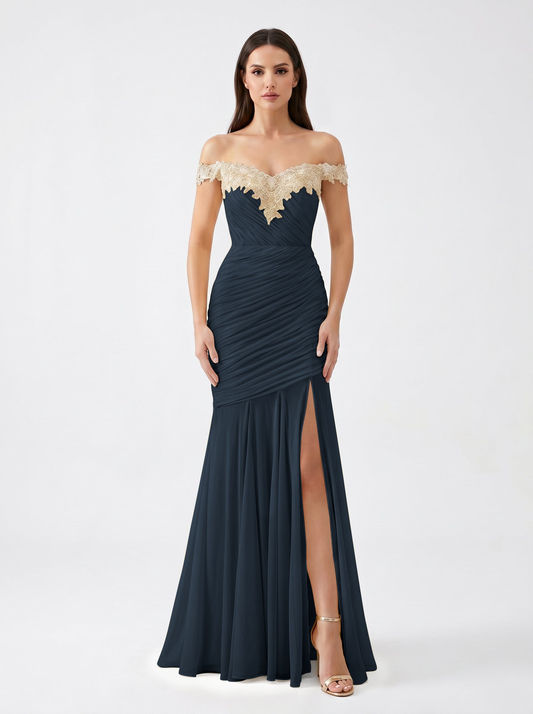 Yellow Off-Shoulder Lace Ruched Chiffon Bridesmaid Dress | Slit Mermaid Formal Gown