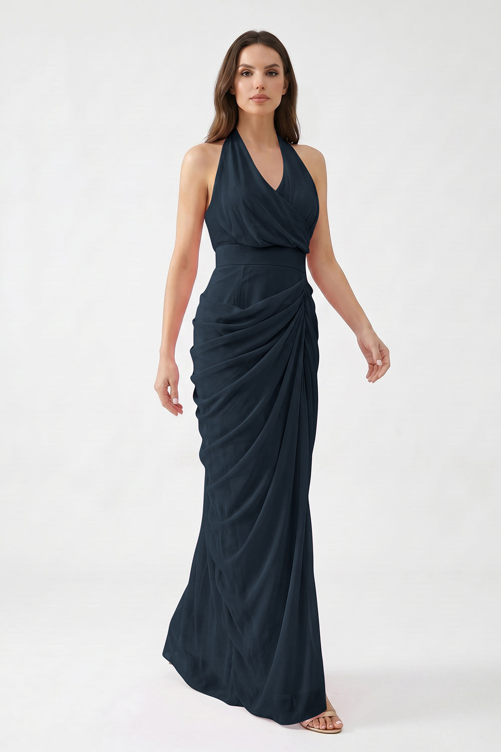 Pink Halter Neck Draped Chiffon Bridesmaid Dress | Formal Evening Gown