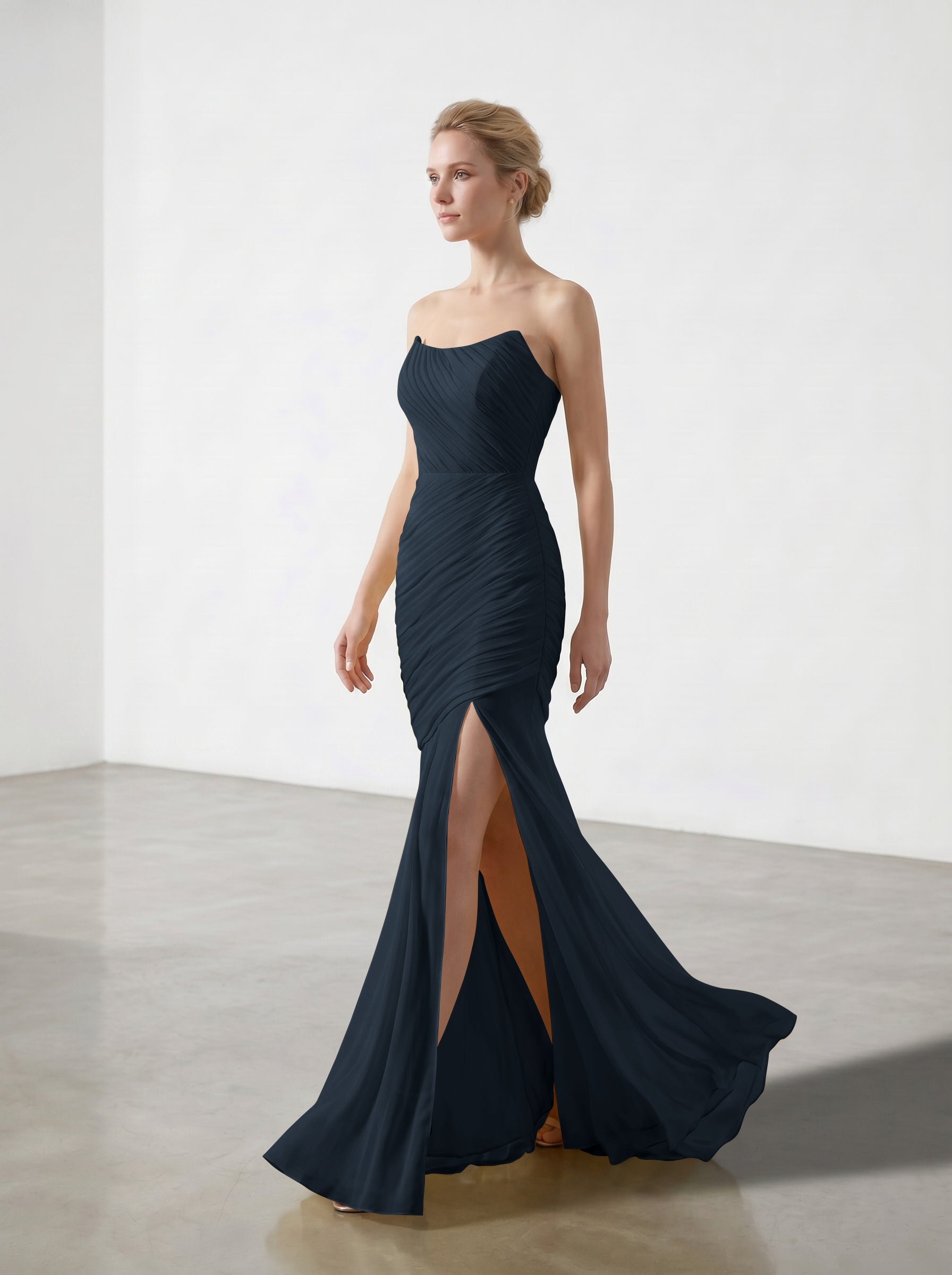 Yellow Strapless Ruched Chiffon Bridesmaid Dress | Slit Mermaid Formal Gown