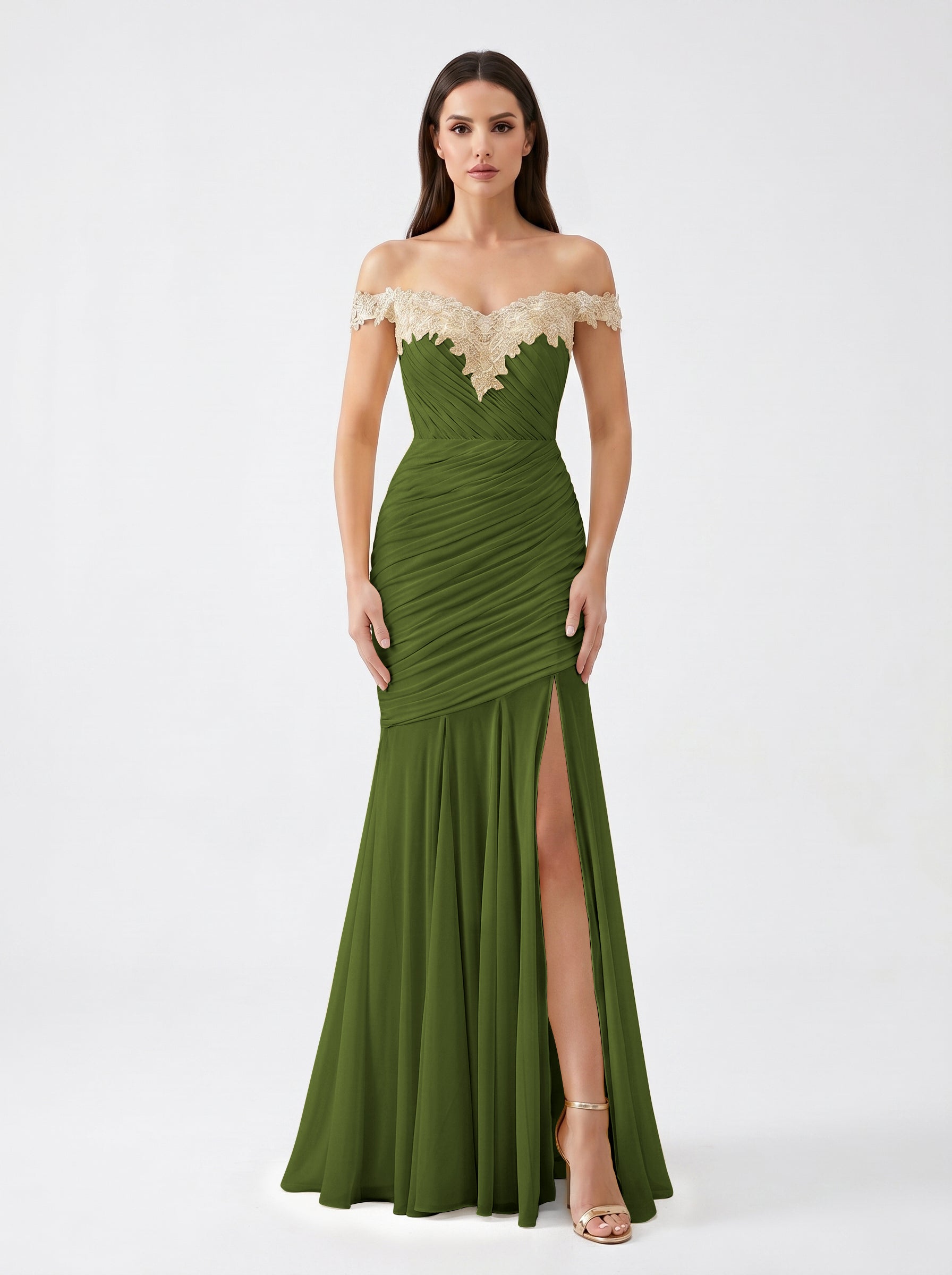 Yellow Off-Shoulder Lace Ruched Chiffon Bridesmaid Dress | Slit Mermaid Formal Gown