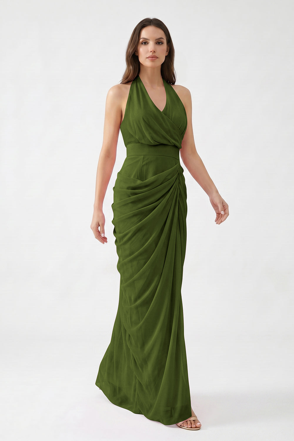 Pink Halter Neck Draped Chiffon Bridesmaid Dress | Formal Evening Gown