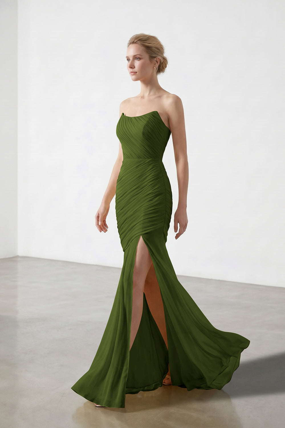Yellow Strapless Ruched Chiffon Bridesmaid Dress | Slit Mermaid Formal Gown
