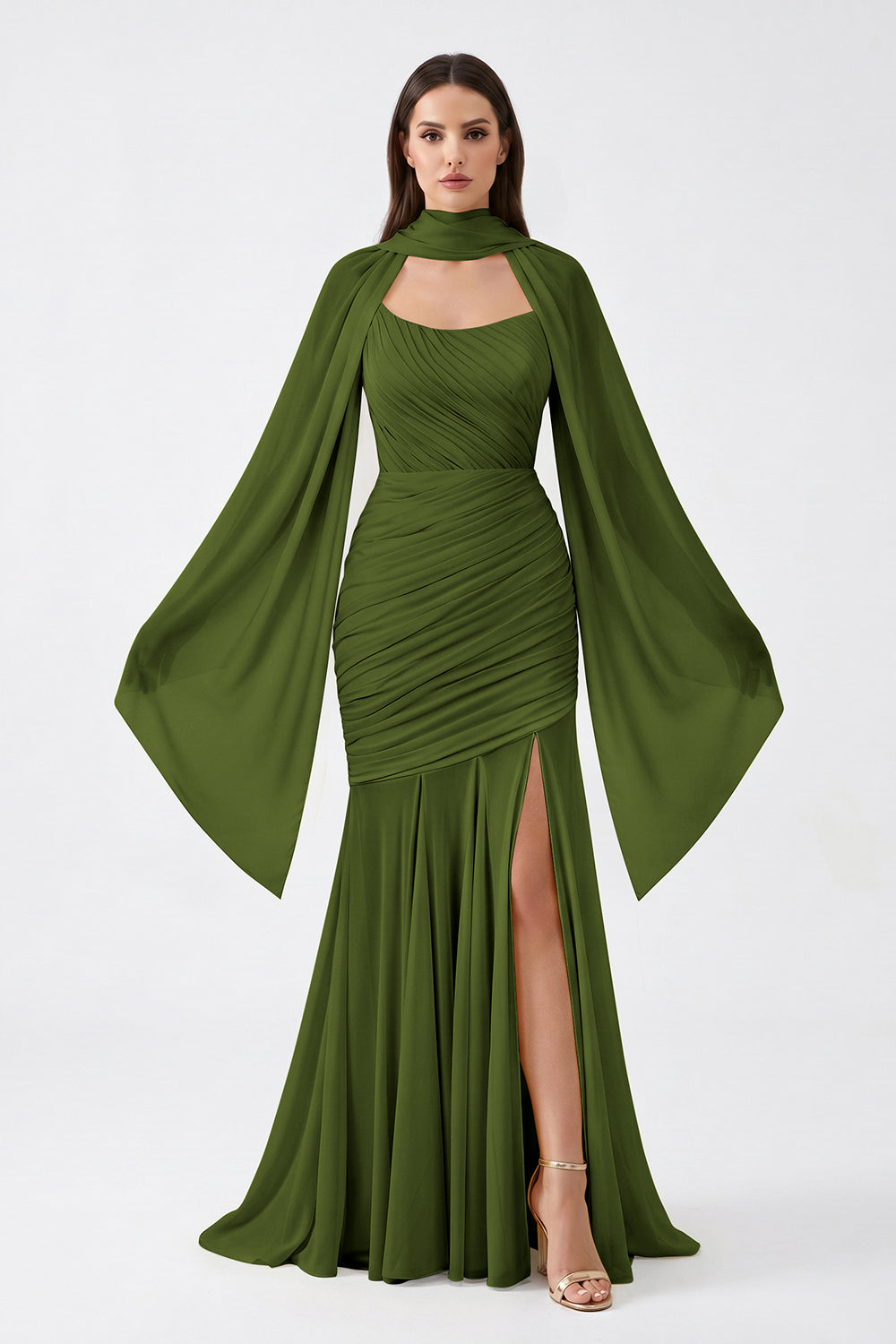 Yellow Cape Sleeve Ruched Chiffon Bridesmaid Dress | Slit Mermaid Formal Gown