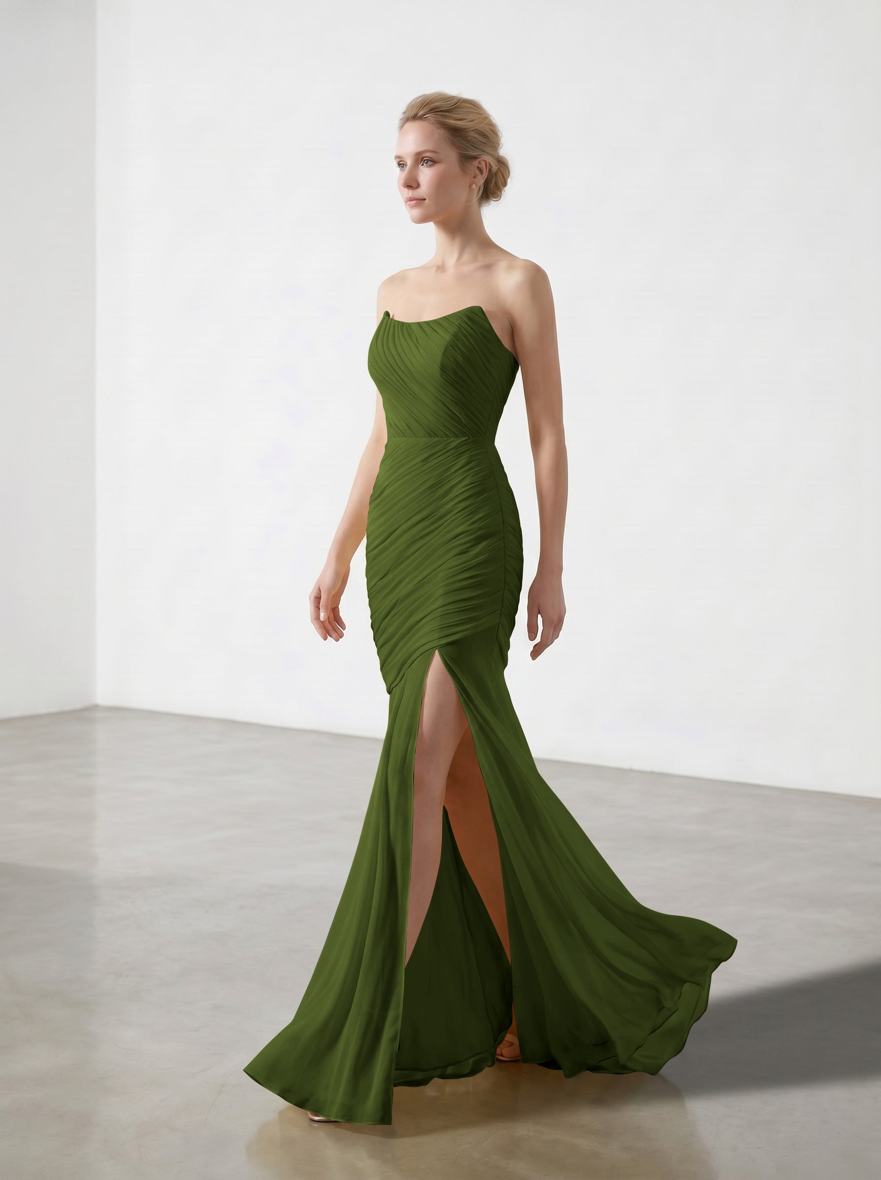 Yellow Strapless Ruched Chiffon Bridesmaid Dress | Slit Mermaid Formal Gown