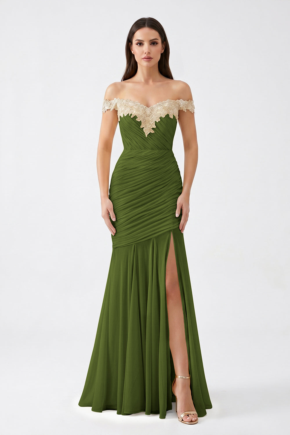 Yellow Off-Shoulder Lace Ruched Chiffon Bridesmaid Dress | Slit Mermaid Formal Gown