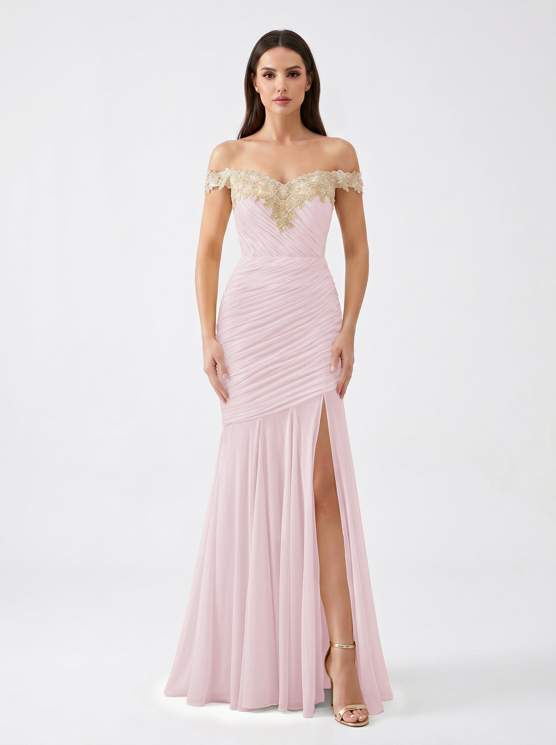 Yellow Off-Shoulder Lace Ruched Chiffon Bridesmaid Dress | Slit Mermaid Formal Gown