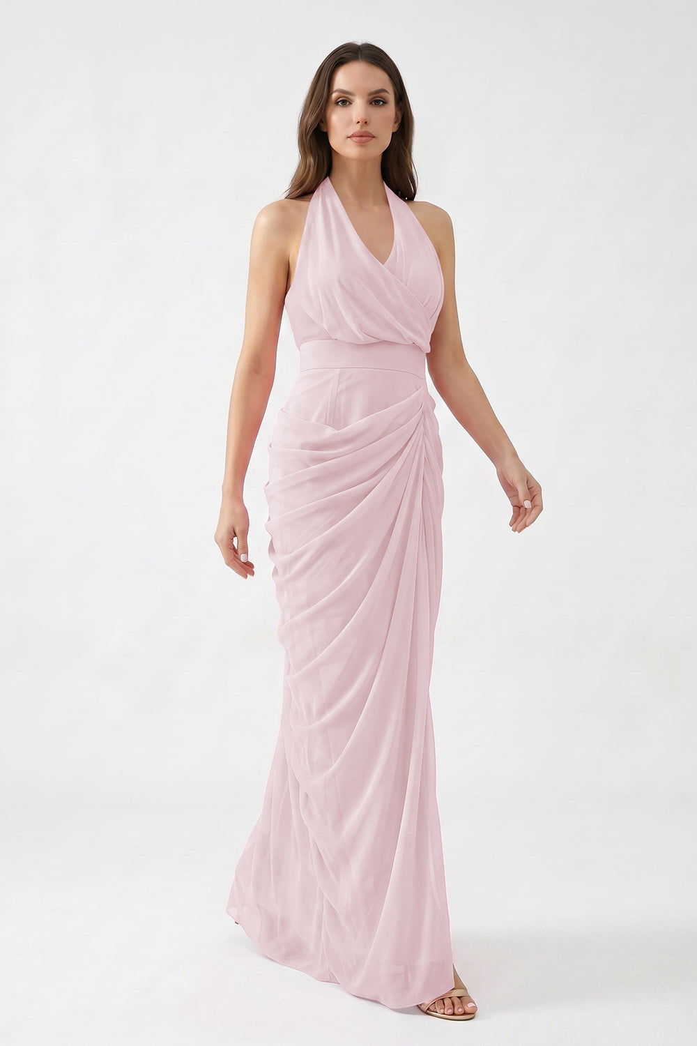 Pink Halter Neck Draped Chiffon Bridesmaid Dress | Formal Evening Gown
