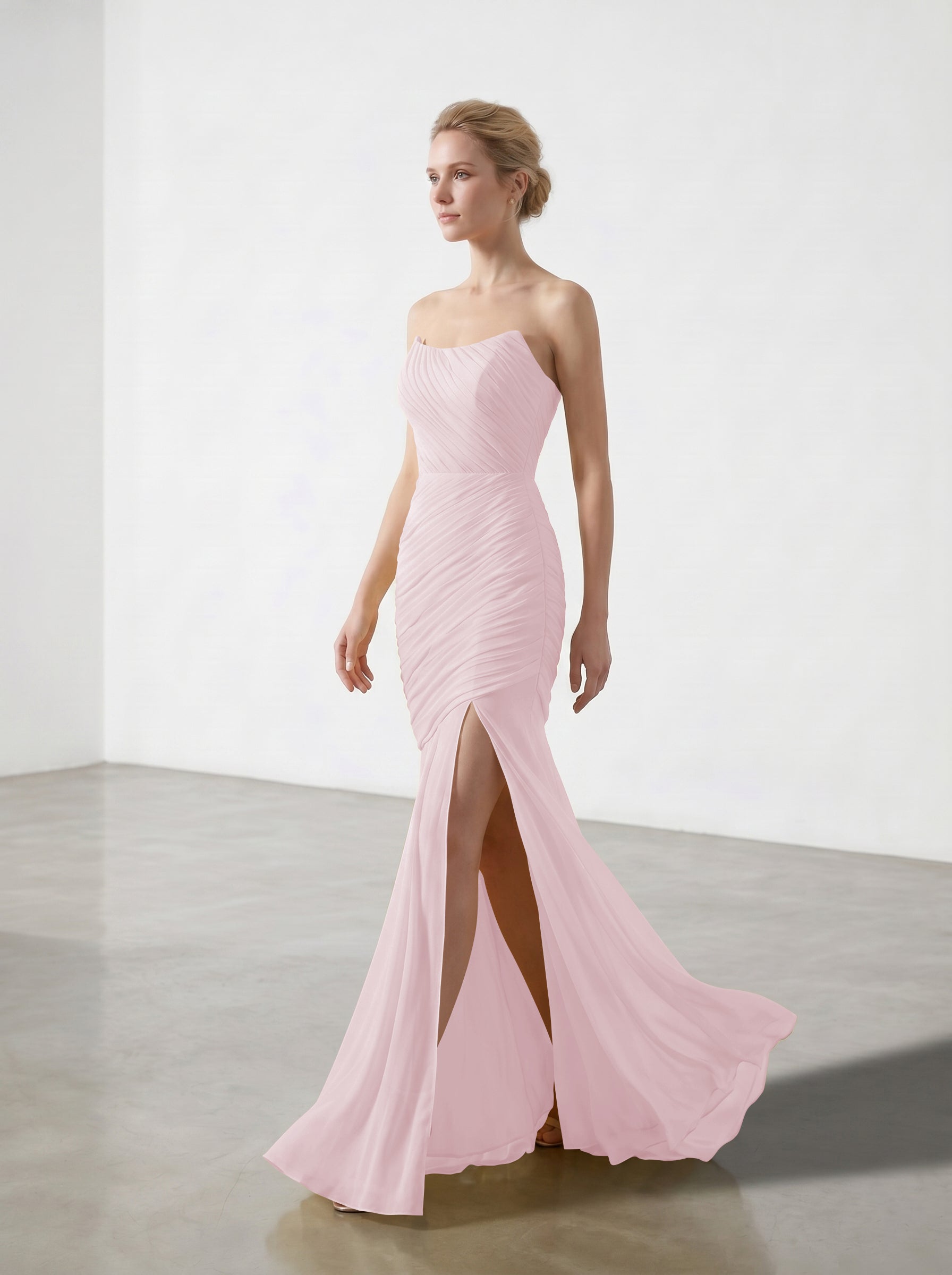 Yellow Strapless Ruched Chiffon Bridesmaid Dress | Slit Mermaid Formal Gown