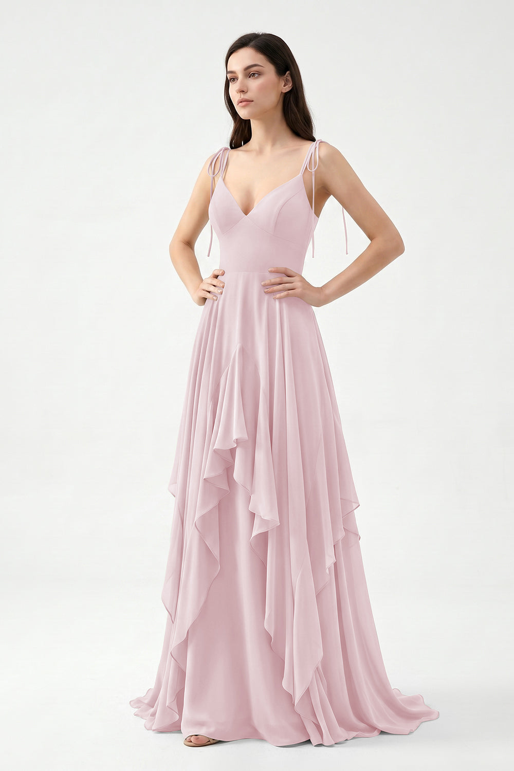 Sage Green Tie-Strap Ruffle Chiffon Bridesmaid Dress | Flowy Formal Gown