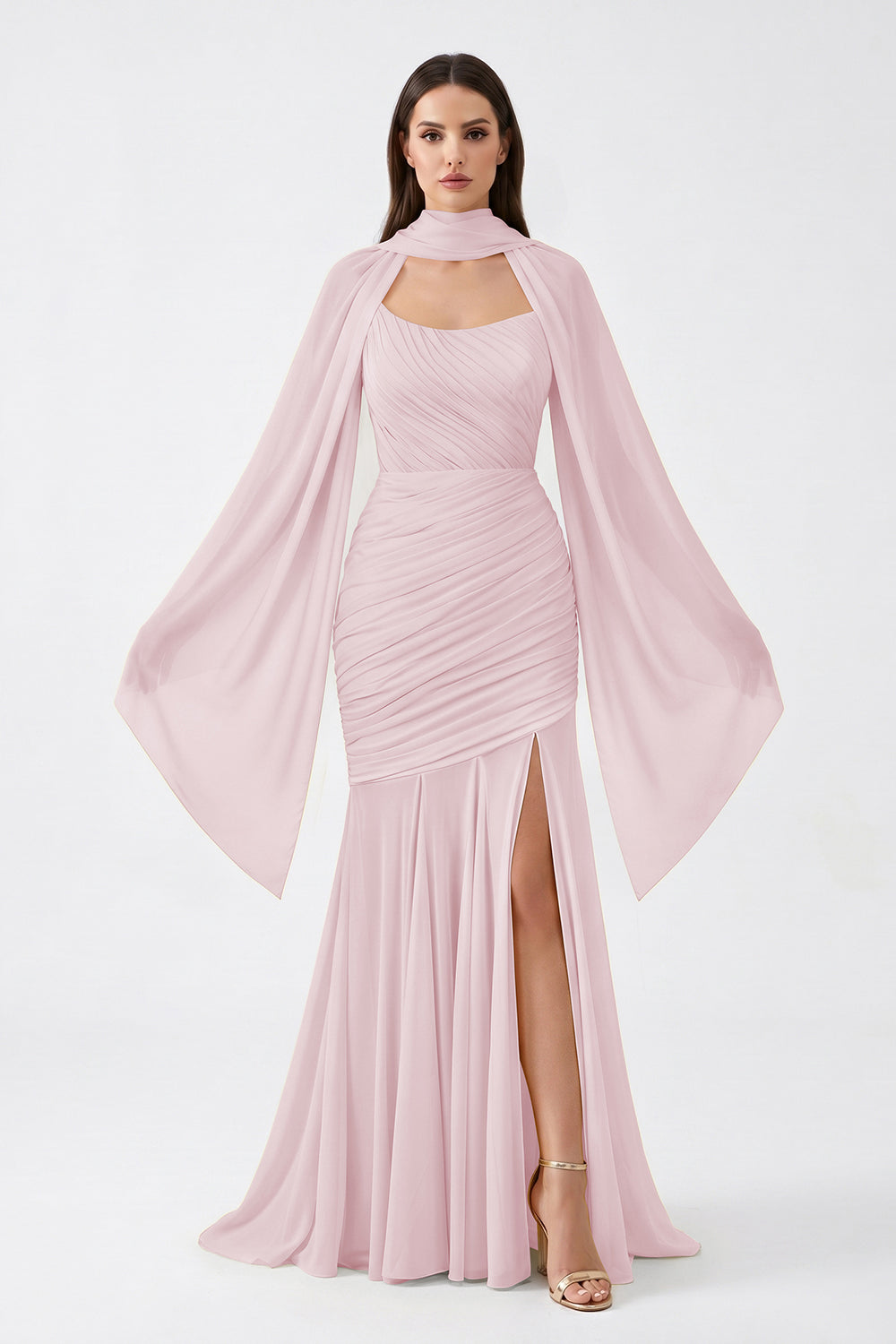 Yellow Cape Sleeve Ruched Chiffon Bridesmaid Dress | Slit Mermaid Formal Gown
