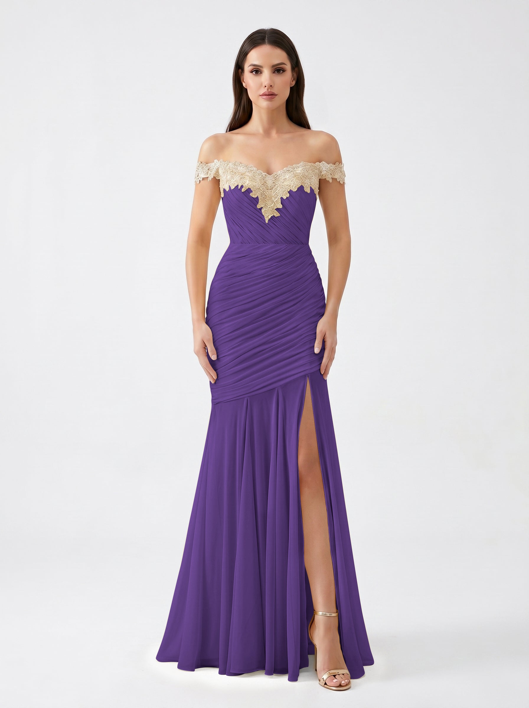 Yellow Off-Shoulder Lace Ruched Chiffon Bridesmaid Dress | Slit Mermaid Formal Gown