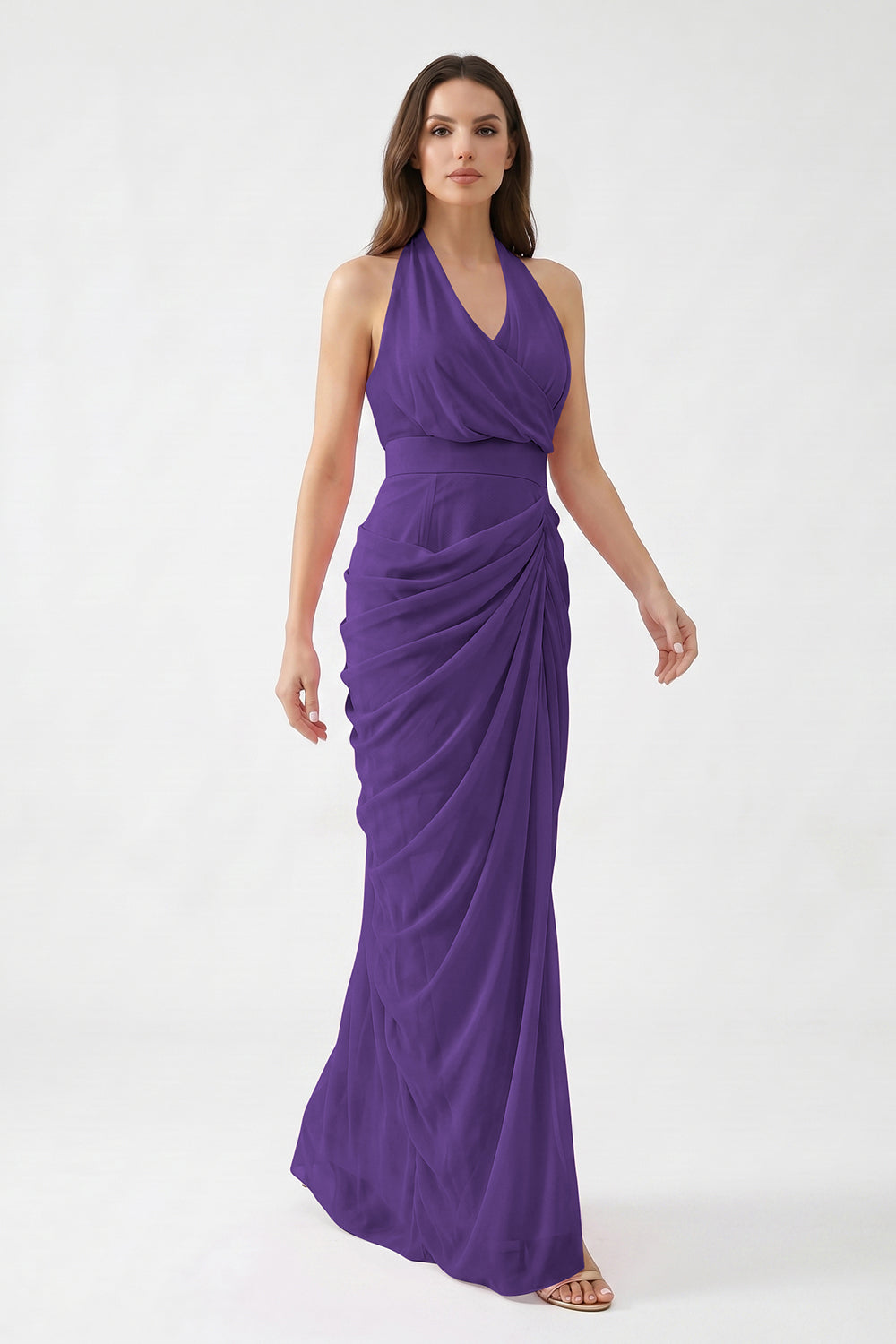 Pink Halter Neck Draped Chiffon Bridesmaid Dress | Formal Evening Gown