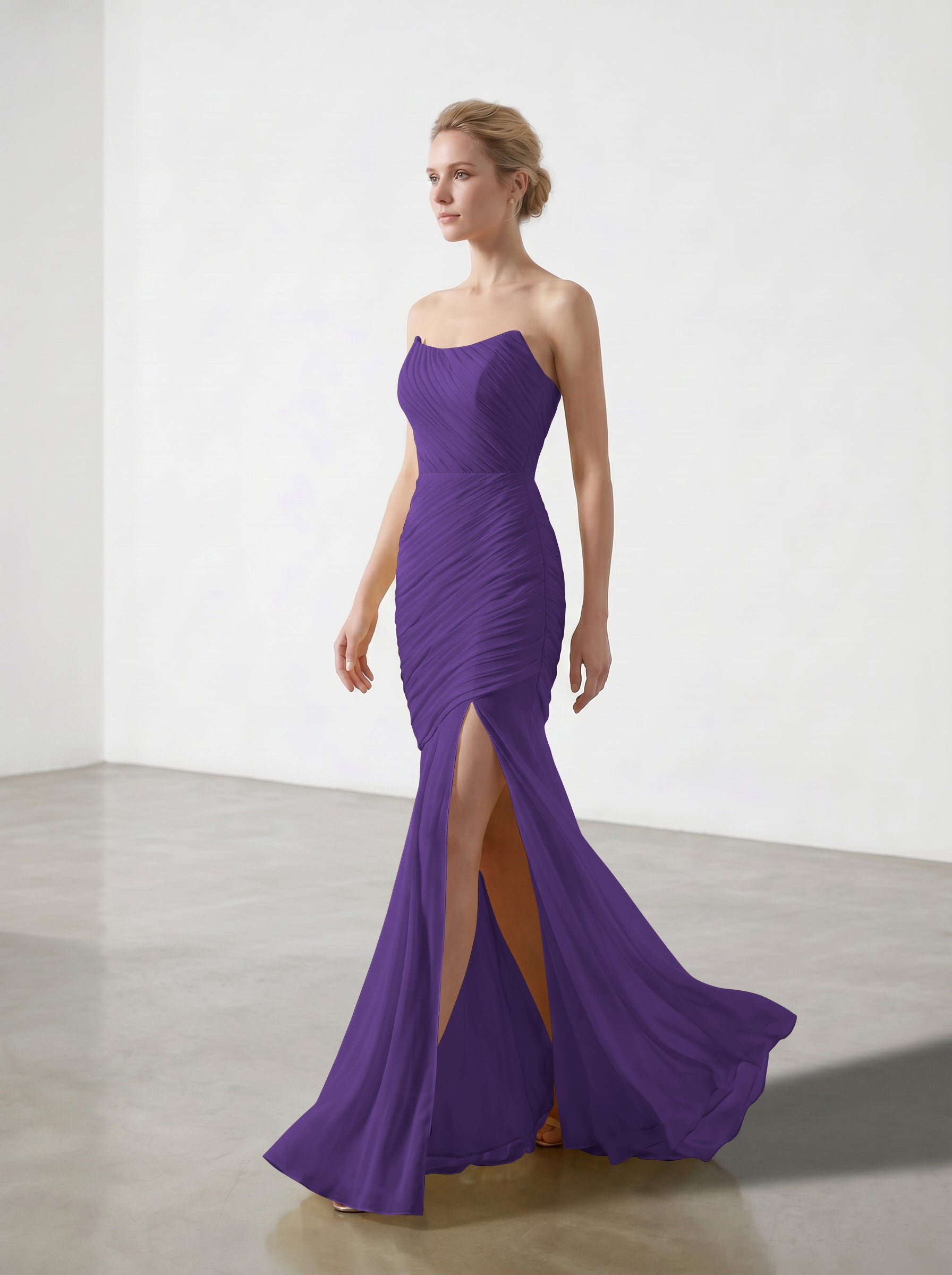 Yellow Strapless Ruched Chiffon Bridesmaid Dress | Slit Mermaid Formal Gown