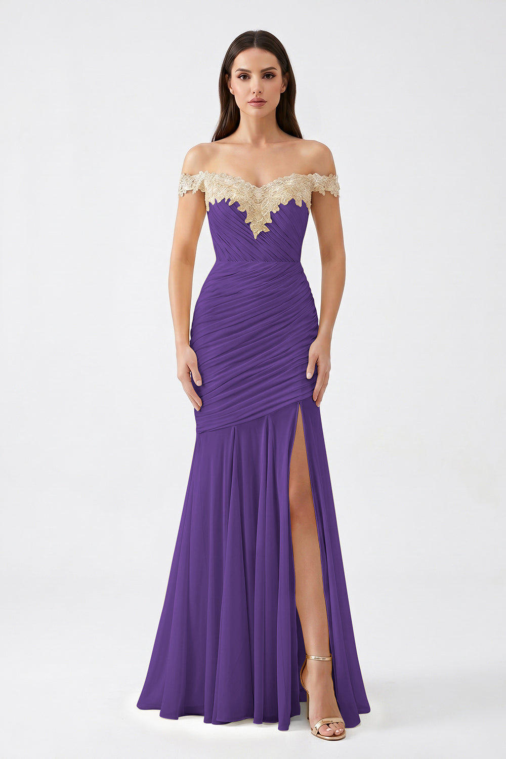 Yellow Off-Shoulder Lace Ruched Chiffon Bridesmaid Dress | Slit Mermaid Formal Gown
