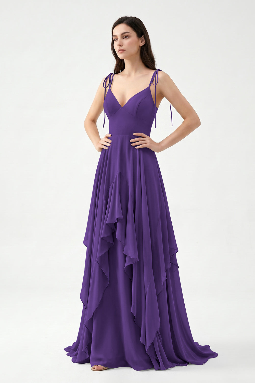 Sage Green Tie-Strap Ruffle Chiffon Bridesmaid Dress | Flowy Formal Gown