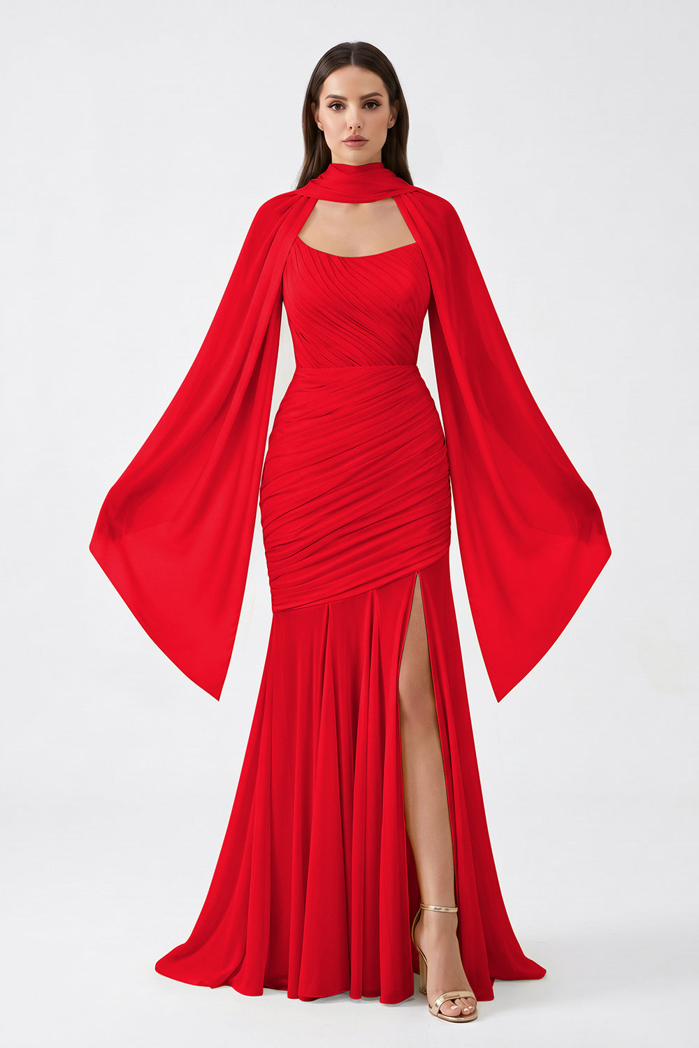 Yellow Cape Sleeve Ruched Chiffon Bridesmaid Dress | Slit Mermaid Formal Gown