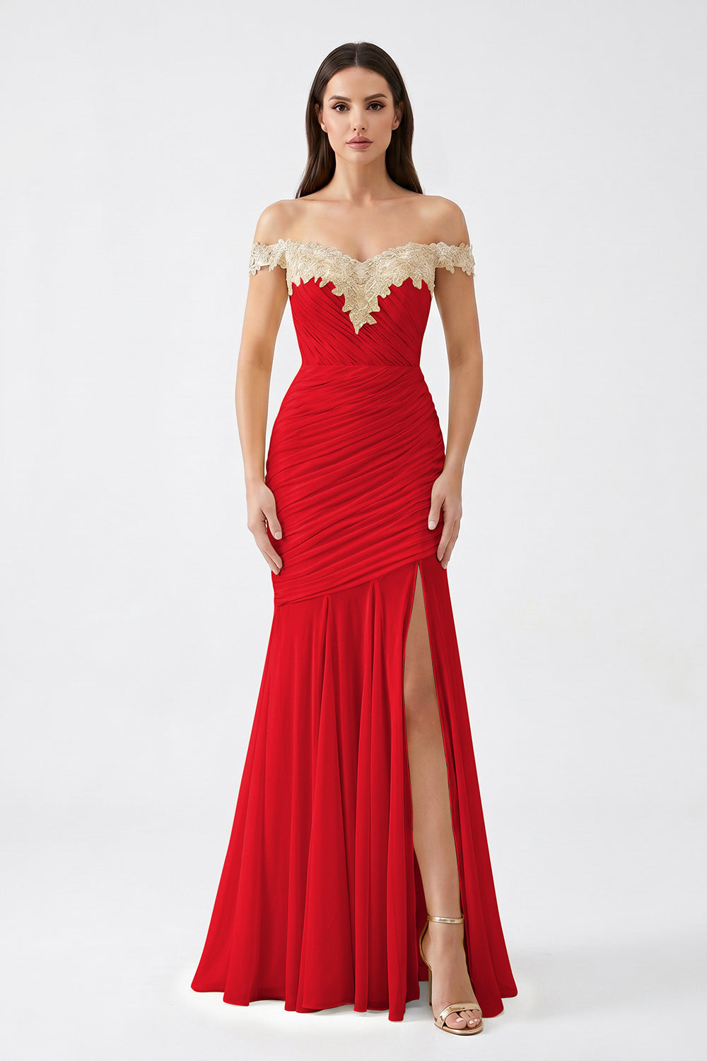 Yellow Off-Shoulder Lace Ruched Chiffon Bridesmaid Dress | Slit Mermaid Formal Gown