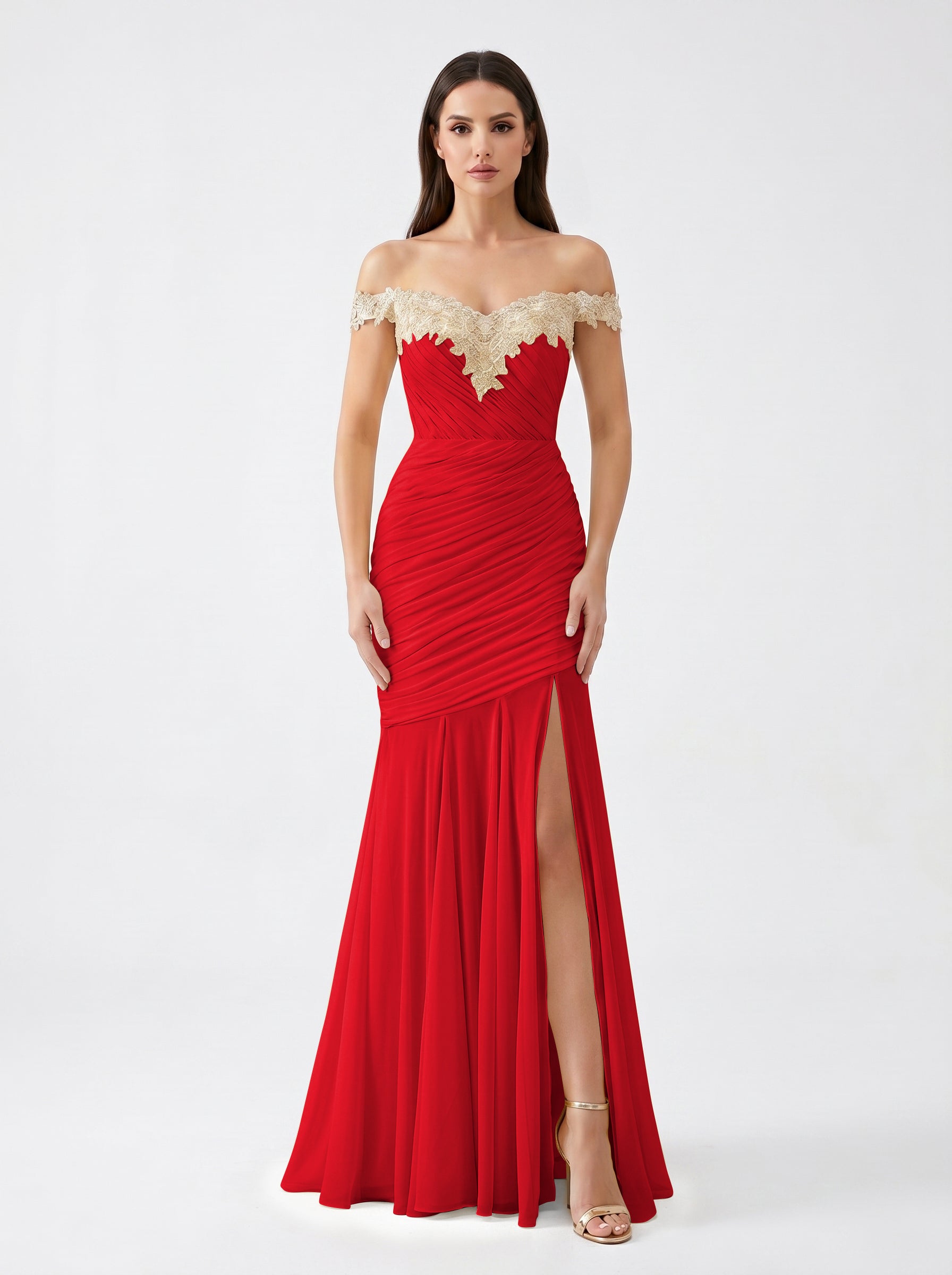 Yellow Off-Shoulder Lace Ruched Chiffon Bridesmaid Dress | Slit Mermaid Formal Gown