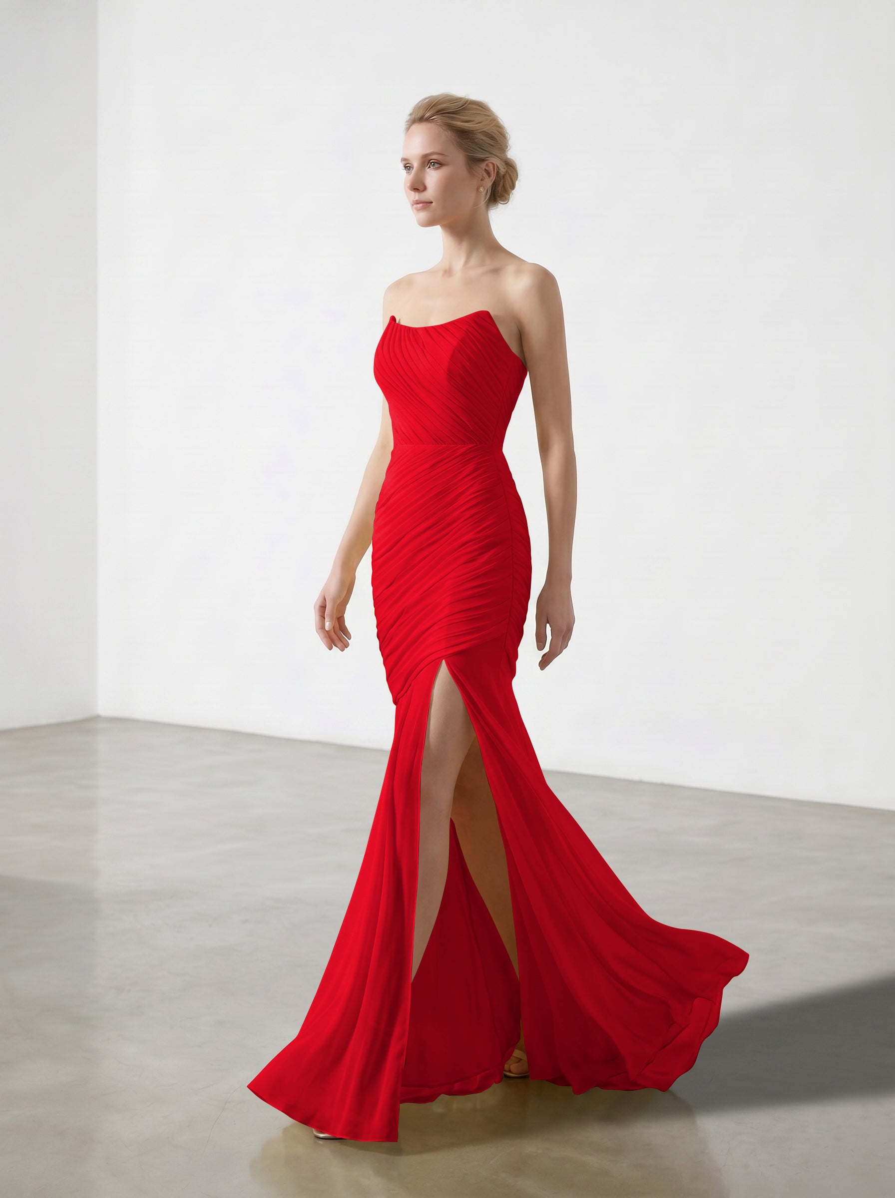 Yellow Strapless Ruched Chiffon Bridesmaid Dress | Slit Mermaid Formal Gown