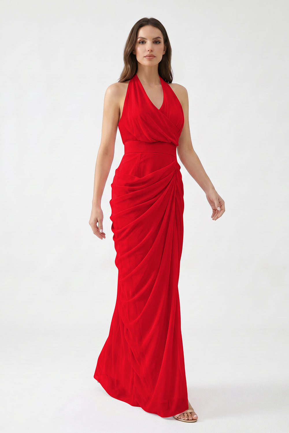 Pink Halter Neck Draped Chiffon Bridesmaid Dress | Formal Evening Gown