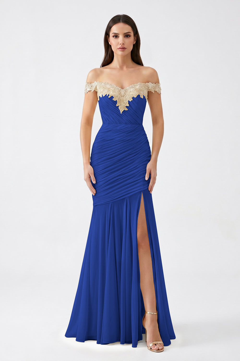 Yellow Off-Shoulder Lace Ruched Chiffon Bridesmaid Dress | Slit Mermaid Formal Gown