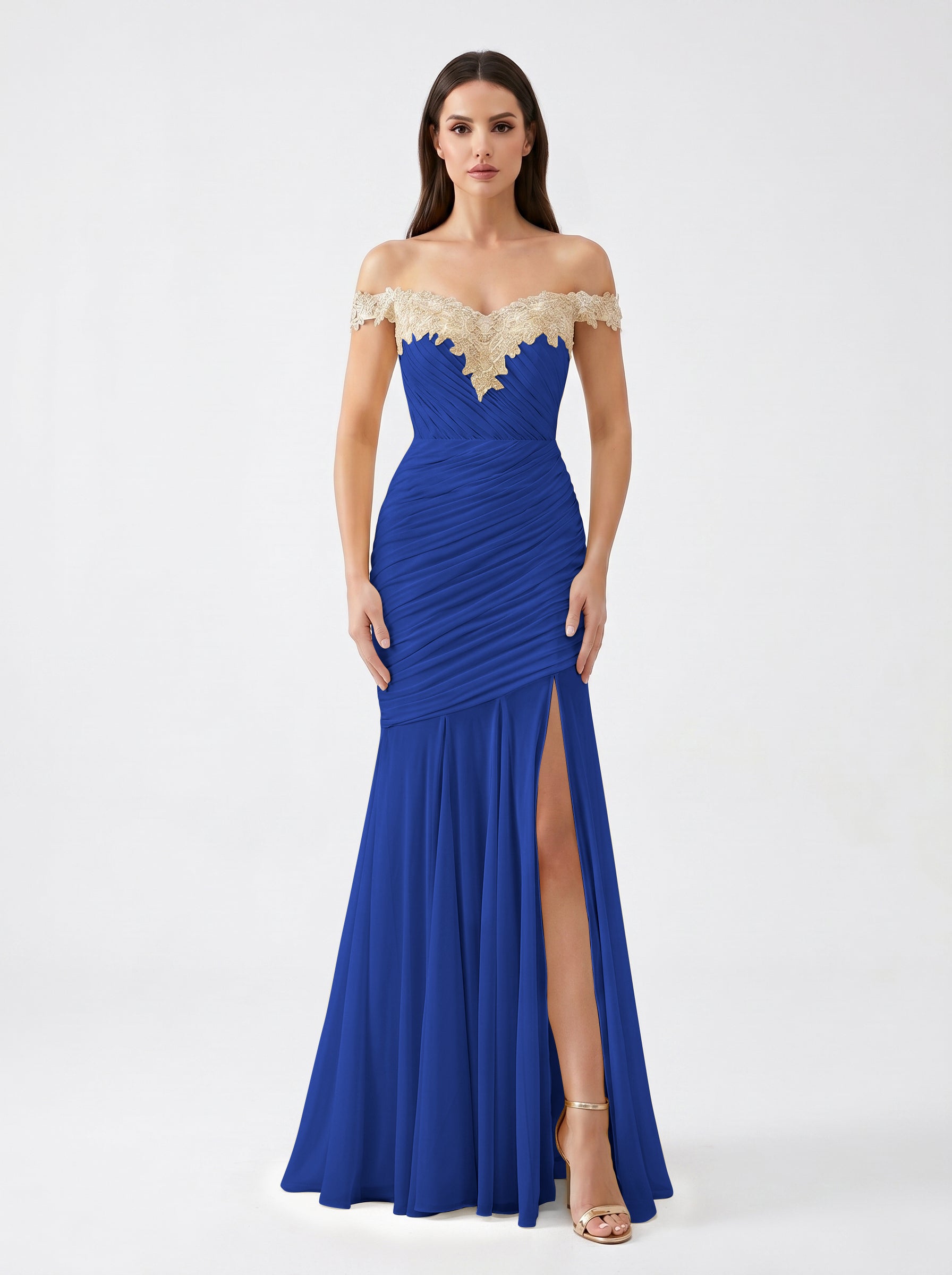 Yellow Off-Shoulder Lace Ruched Chiffon Bridesmaid Dress | Slit Mermaid Formal Gown
