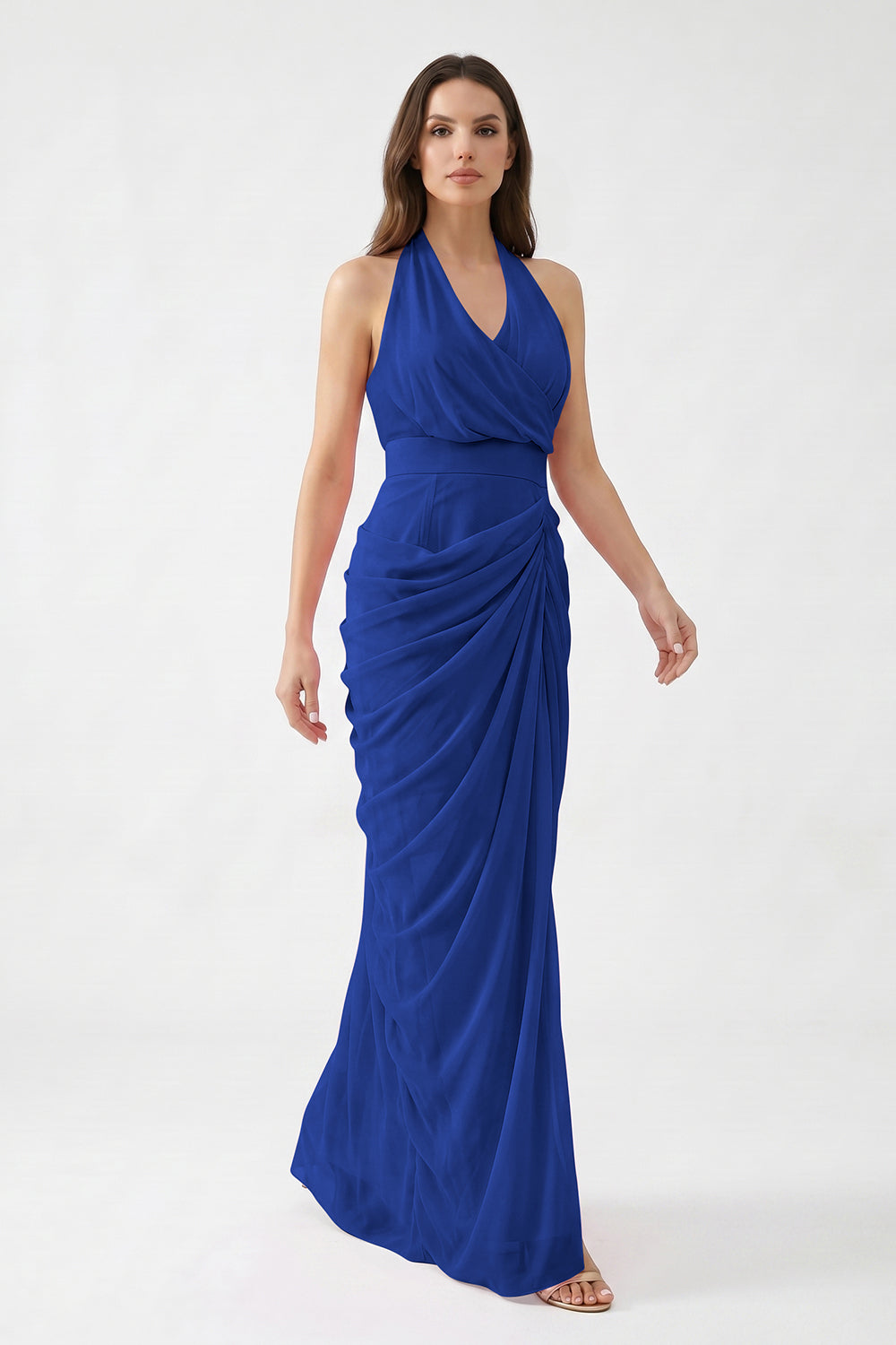 Pink Halter Neck Draped Chiffon Bridesmaid Dress | Formal Evening Gown