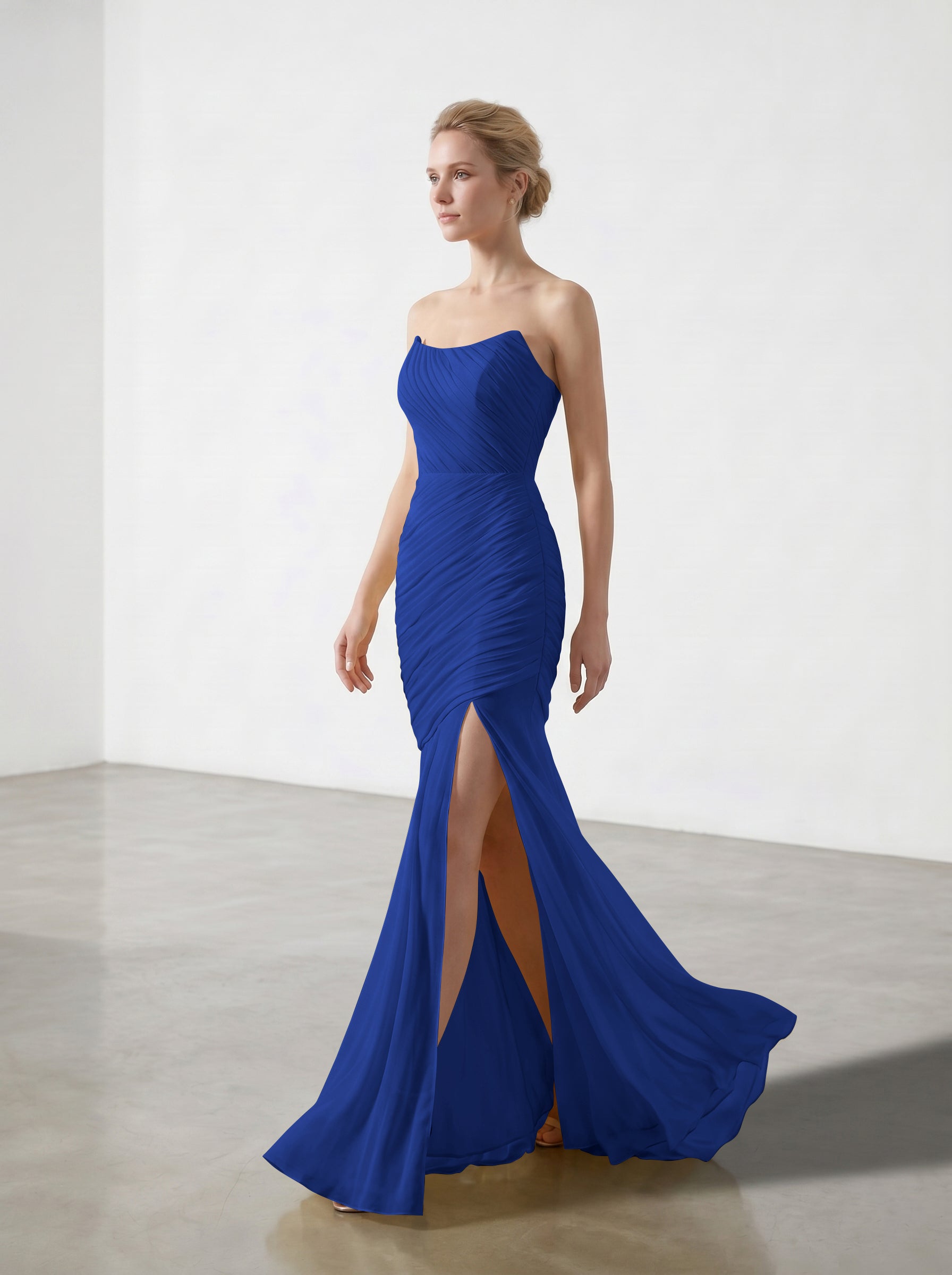 Yellow Strapless Ruched Chiffon Bridesmaid Dress | Slit Mermaid Formal Gown