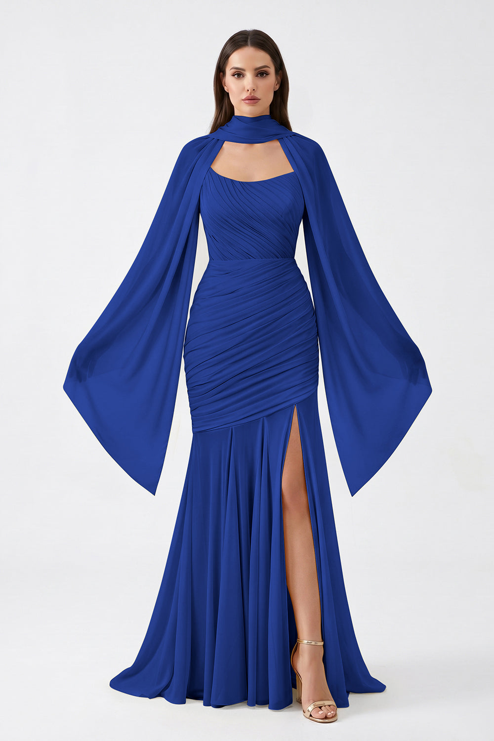 Yellow Cape Sleeve Ruched Chiffon Bridesmaid Dress | Slit Mermaid Formal Gown