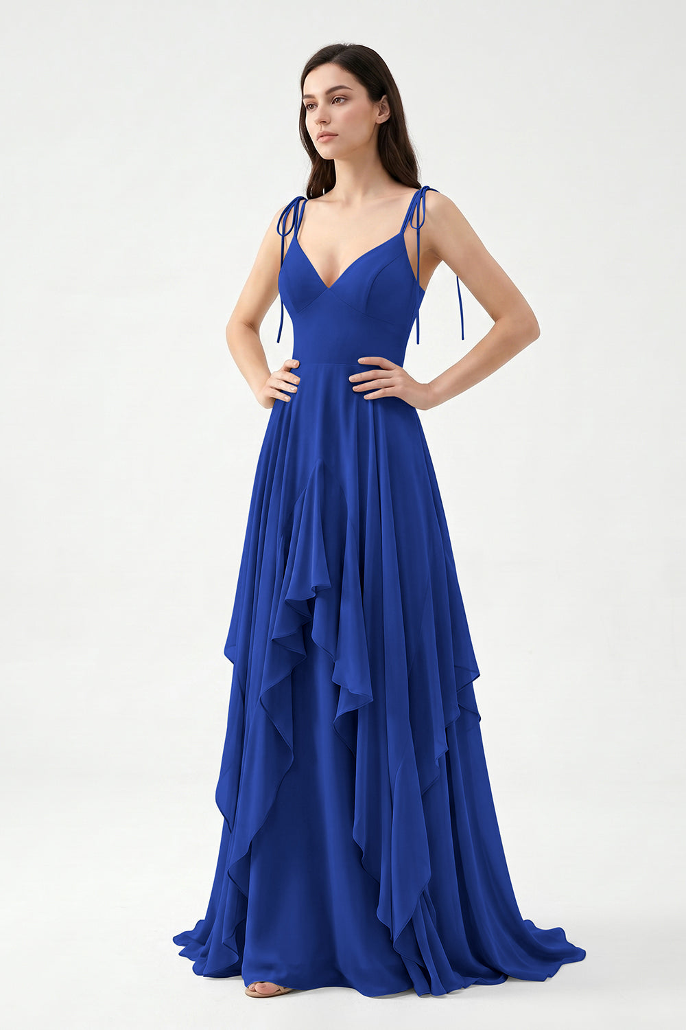 Sage Green Tie-Strap Ruffle Chiffon Bridesmaid Dress | Flowy Formal Gown
