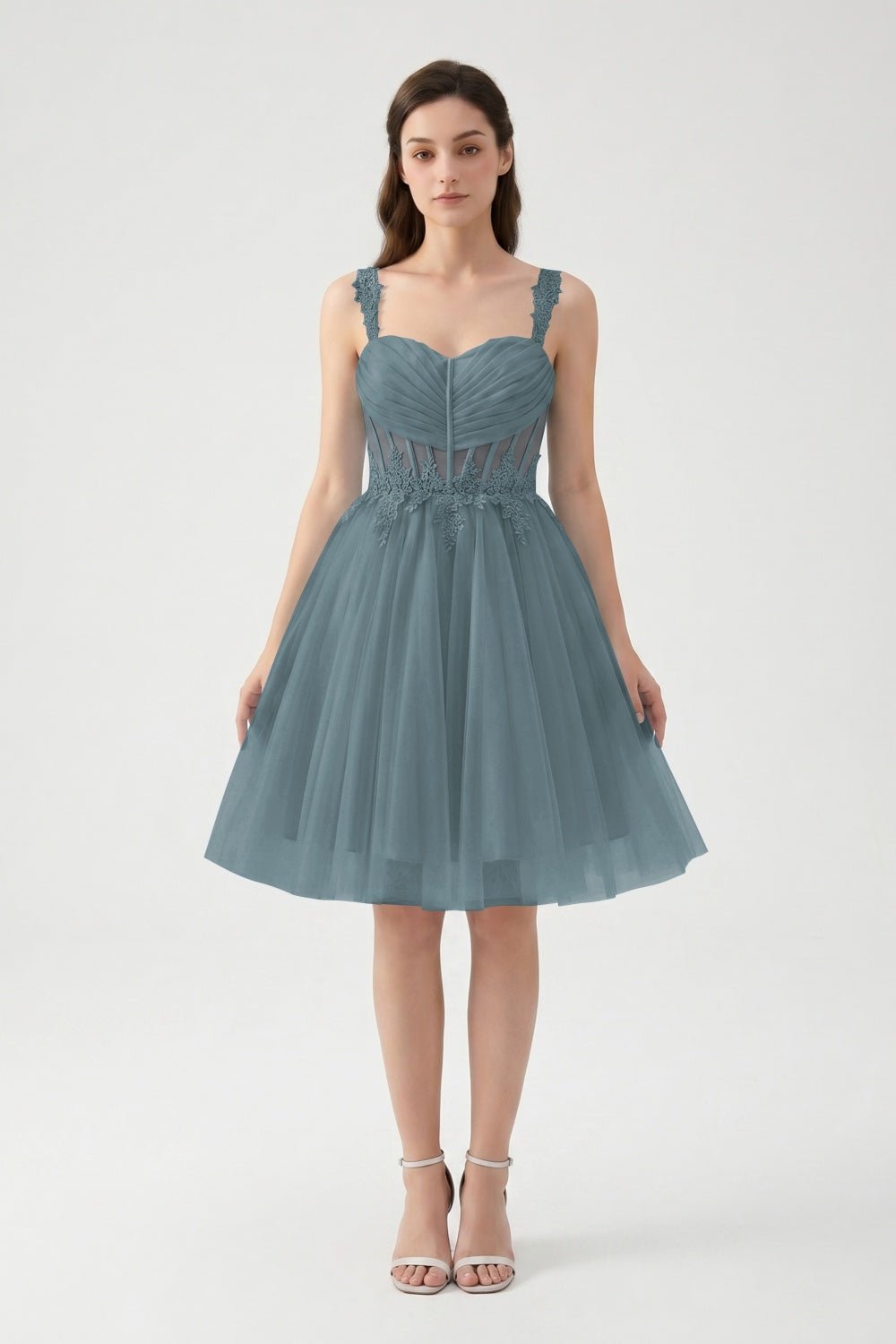 Light Blue A-Line Spaghetti Straps Tulle Short Homecoming Dress with Appliques